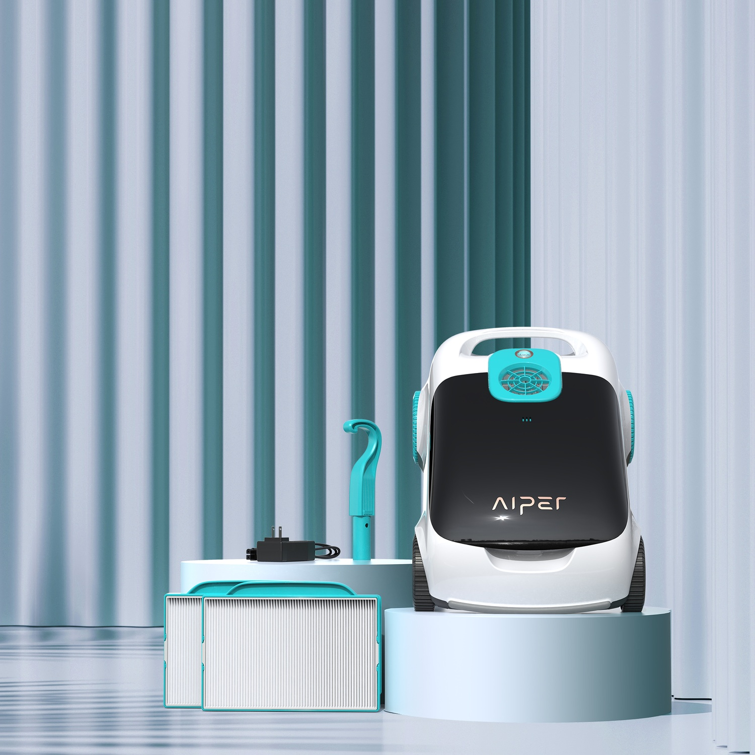 Aspirapolvere robotico bianco e nero con accessori come filtri e maniglia. Lo sfondo ha linee verticali.