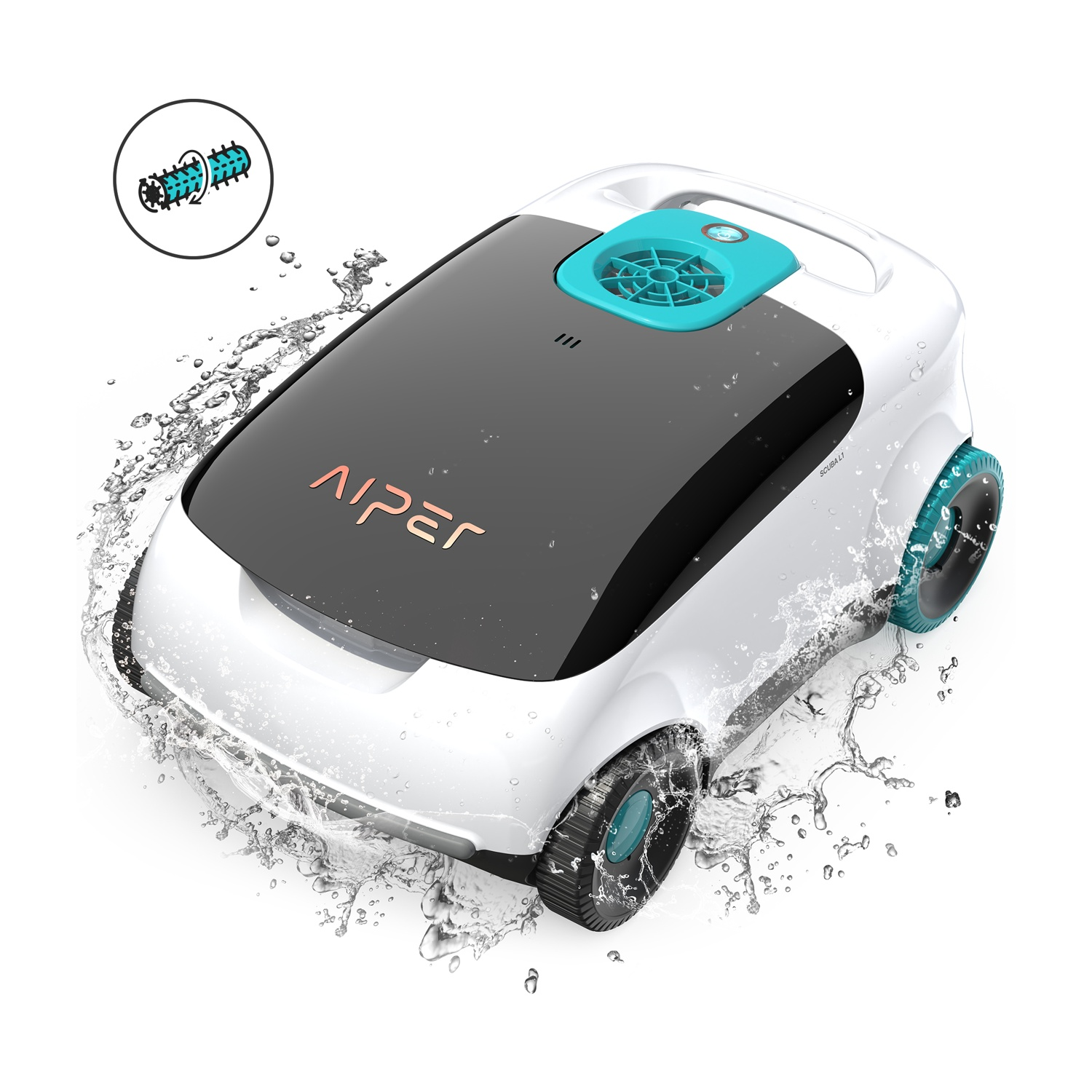 Un pulitore per piscine robotizzato bianco e nero con dettagli blu è circondato dall'acqua. Un diagramma mostra una spazzola a rullo.