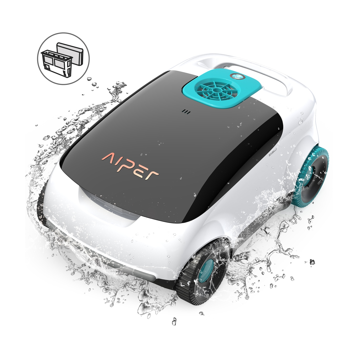 Un robot pulitore per piscine bianco e nero con spruzzi d'acqua. Ha dettagli turchese e un logo 'Aiper'.