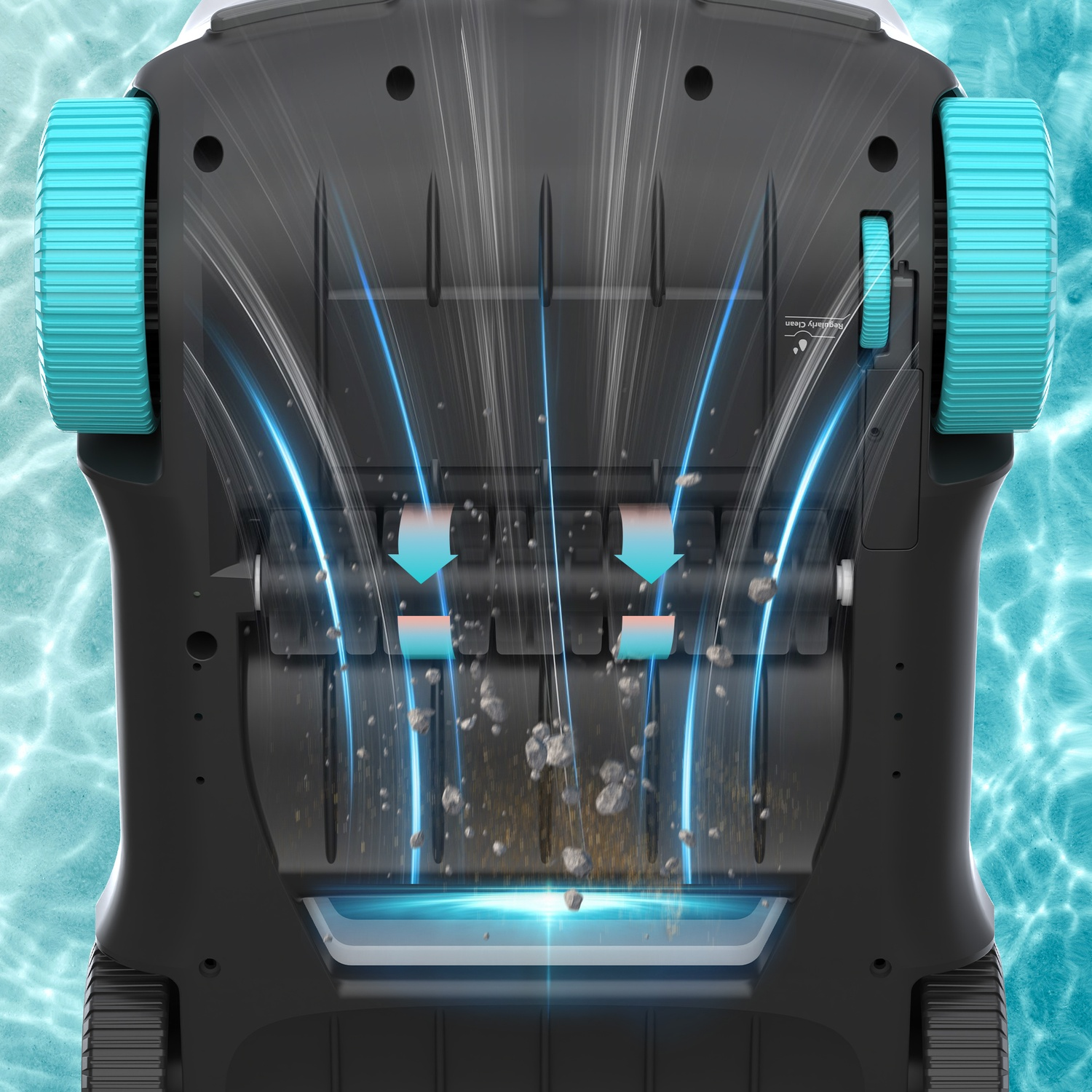 Un pulitore per piscine nero e turchese. Il pulitore ha due ruote turchesi e sta pulendo la piscina con un'illustrazione di aria e detriti.