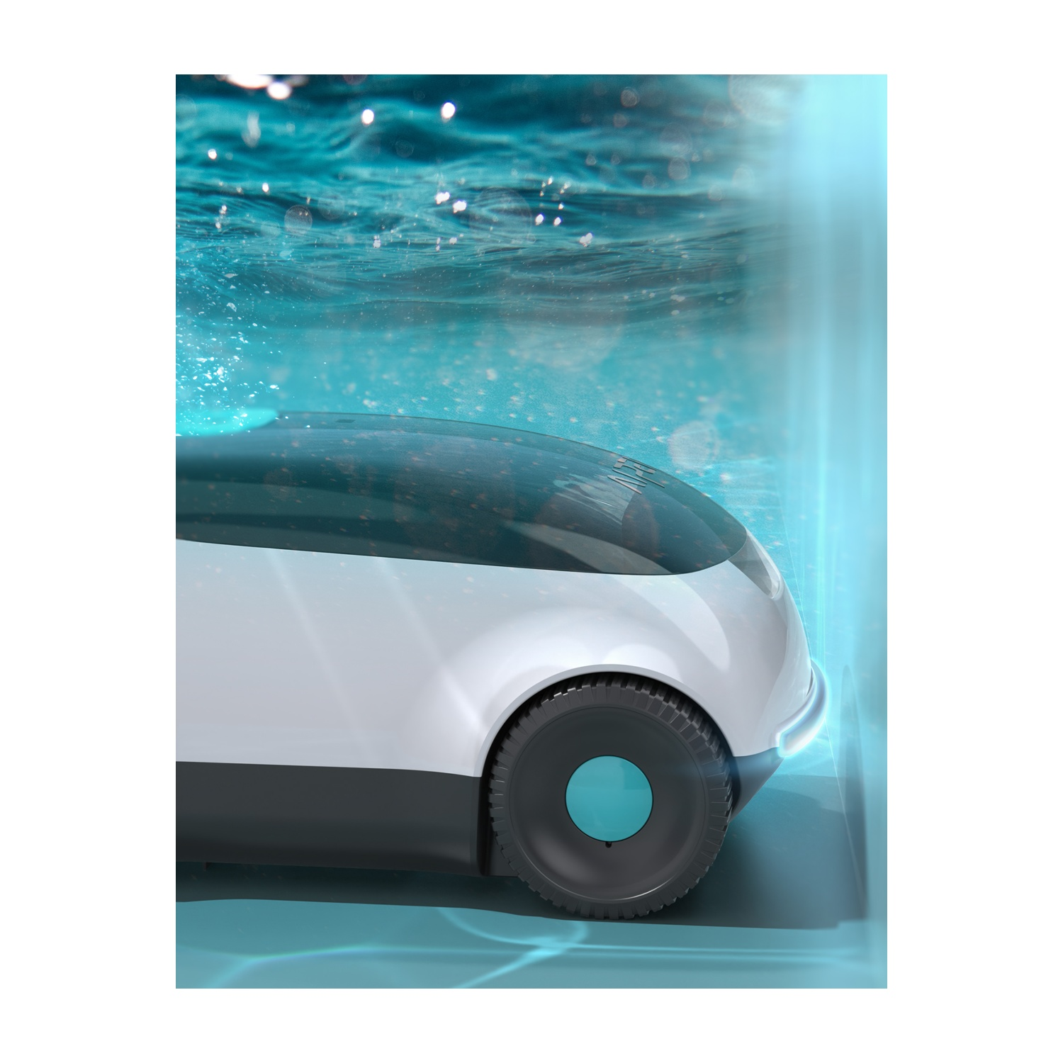 Un'auto bianca e futuristica sommersa nell'acqua. Ha un tetto scuro e una ruota azzurra. L'acqua è turchese.