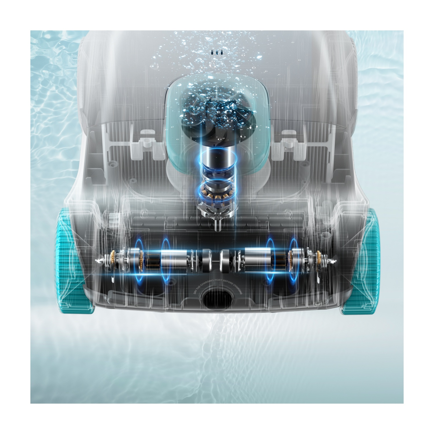 Vista trasparente di un robot pulitore per piscina immerso in acqua, che mostra i componenti interni con dettagli blu.