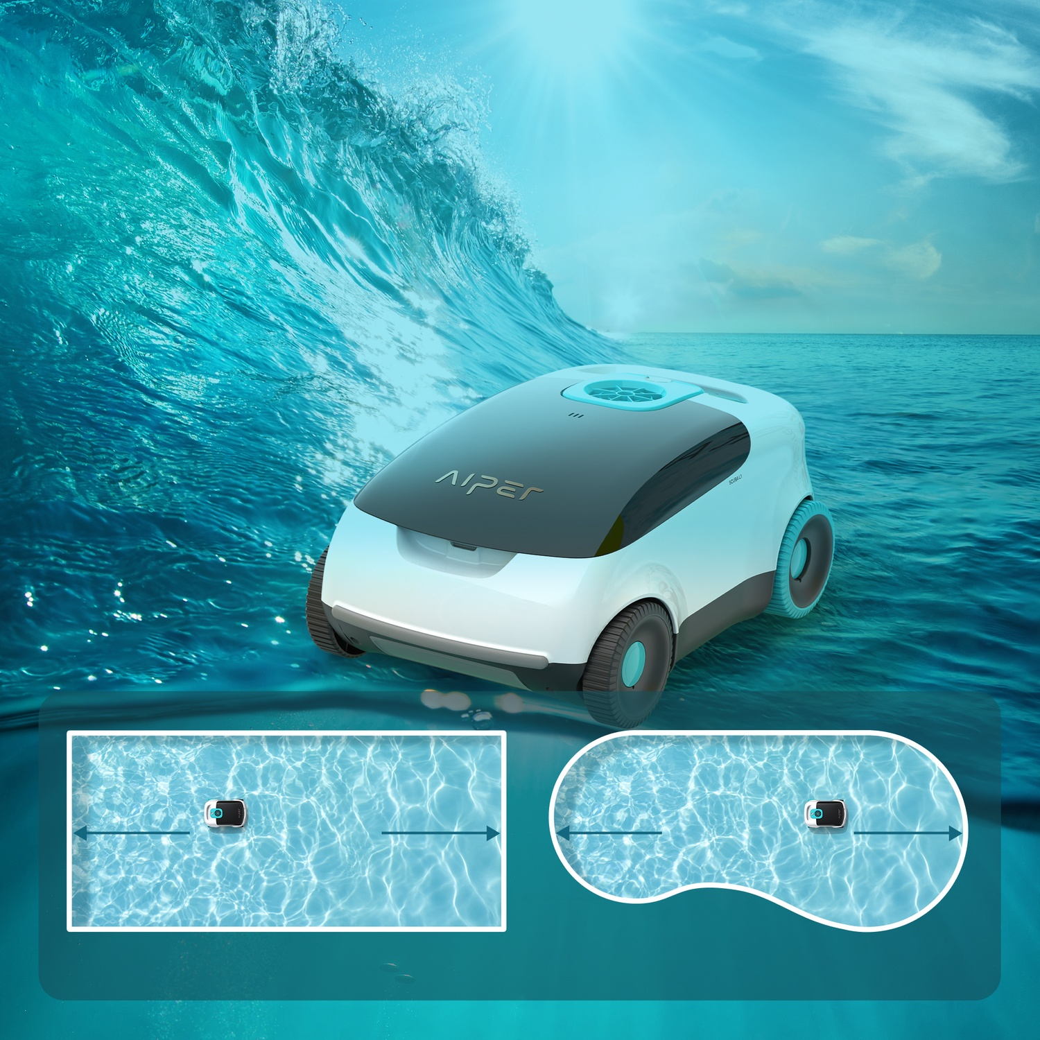Un robot pulitore per piscine bianco e nero galleggia sull'acqua, con una grande onda sullo sfondo sotto un cielo blu.