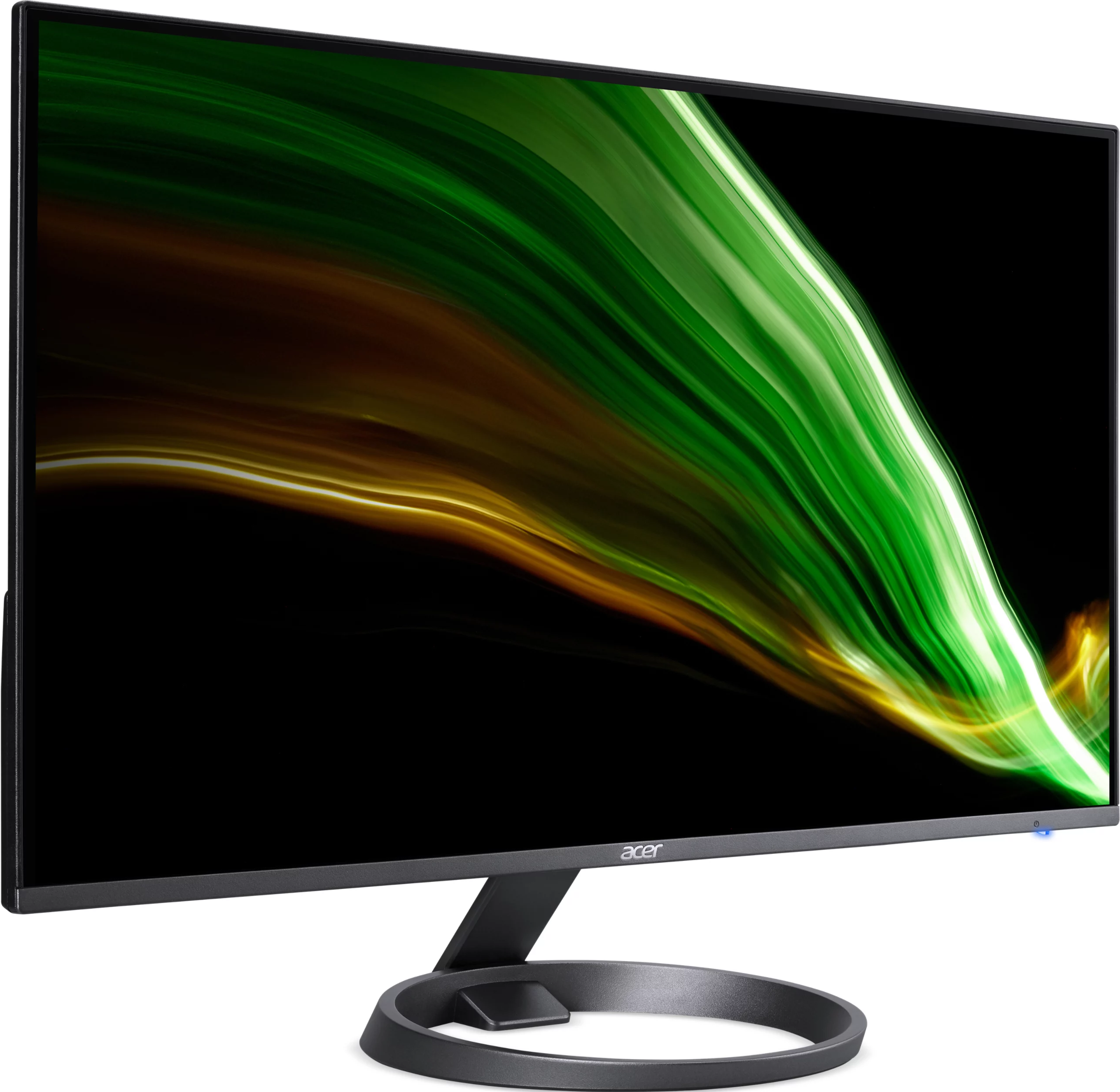 Un monitor Acer mostra un design astratto verde e giallo sullo schermo. Ha una base circolare e una cornice nera.