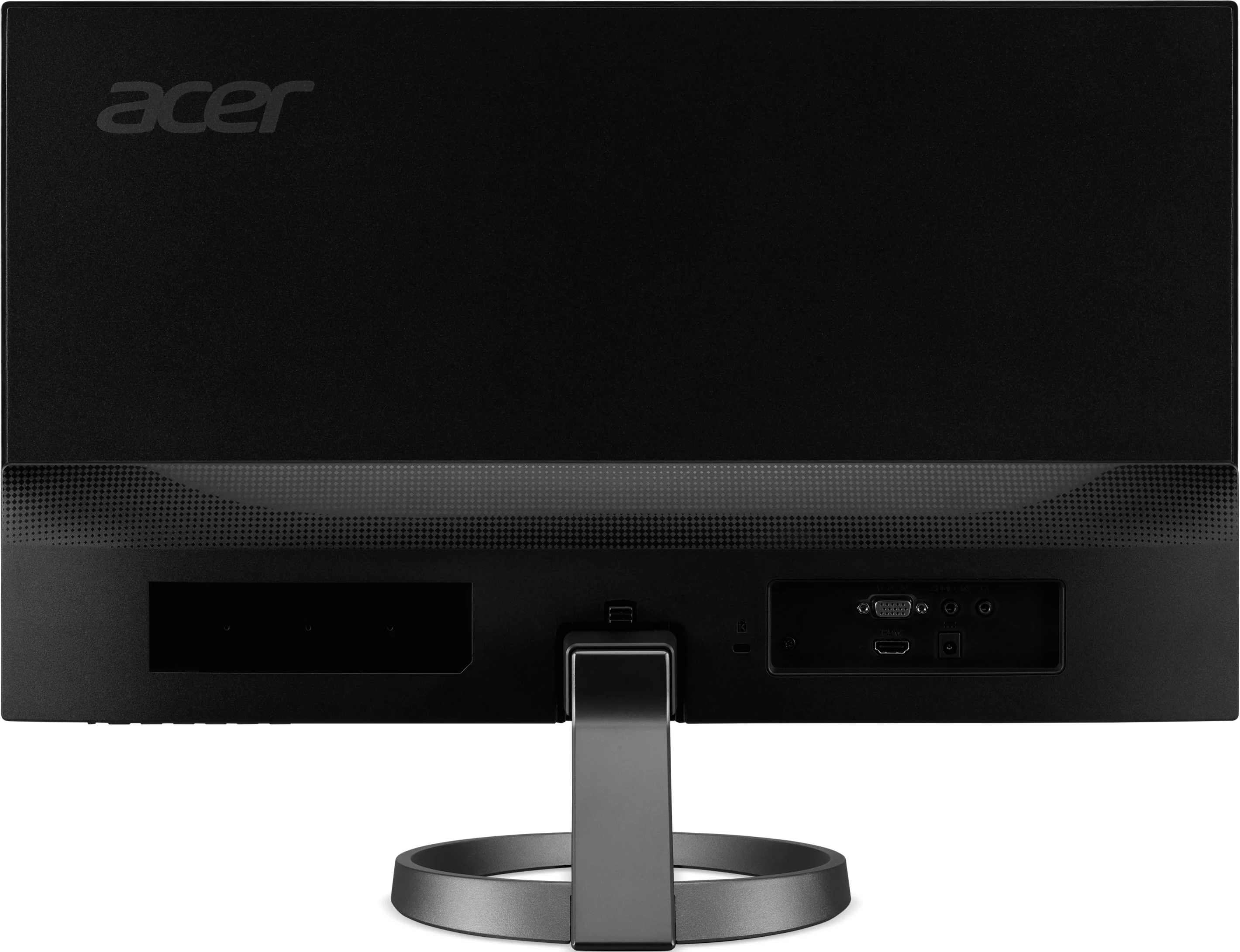 Viene mostrato il retro di un monitor Acer nero, con porte e supporto. Il logo Acer è visibile.