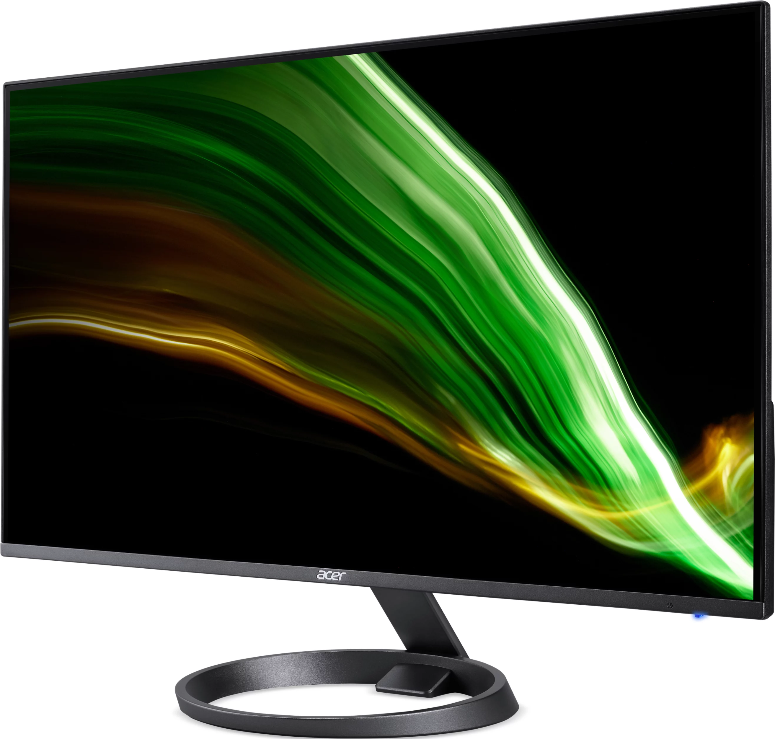 Un monitor Acer mostra un design astratto verde e giallo. Il monitor ha una cornice nera e una base circolare.