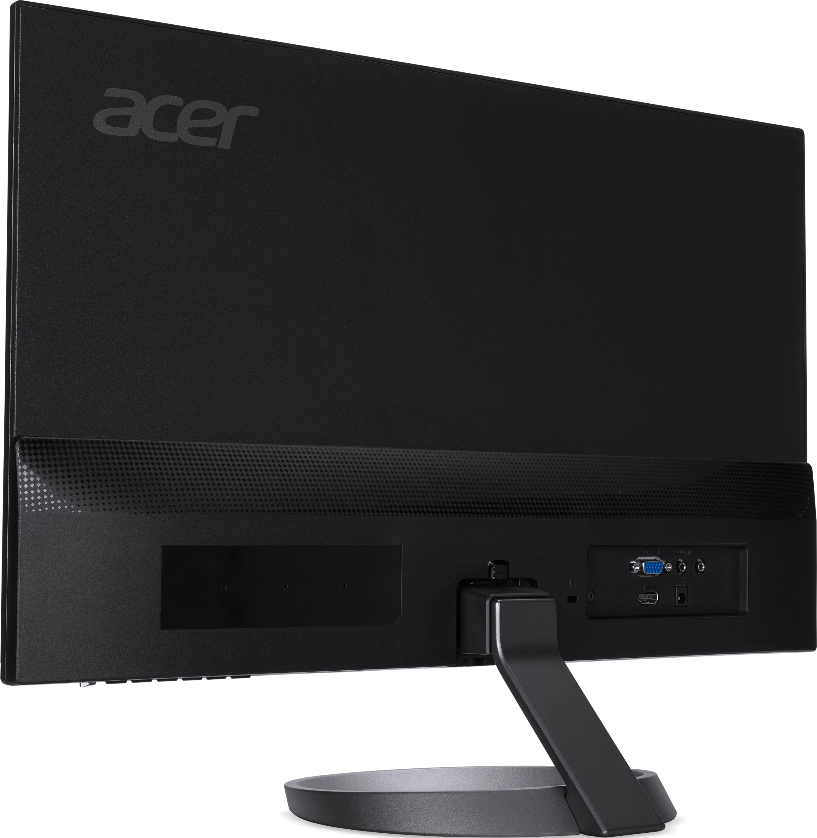 Retro di un monitor Acer nero. Sono visibili porte, supporto e logo. Il supporto è grigio scuro, lo sfondo bianco.