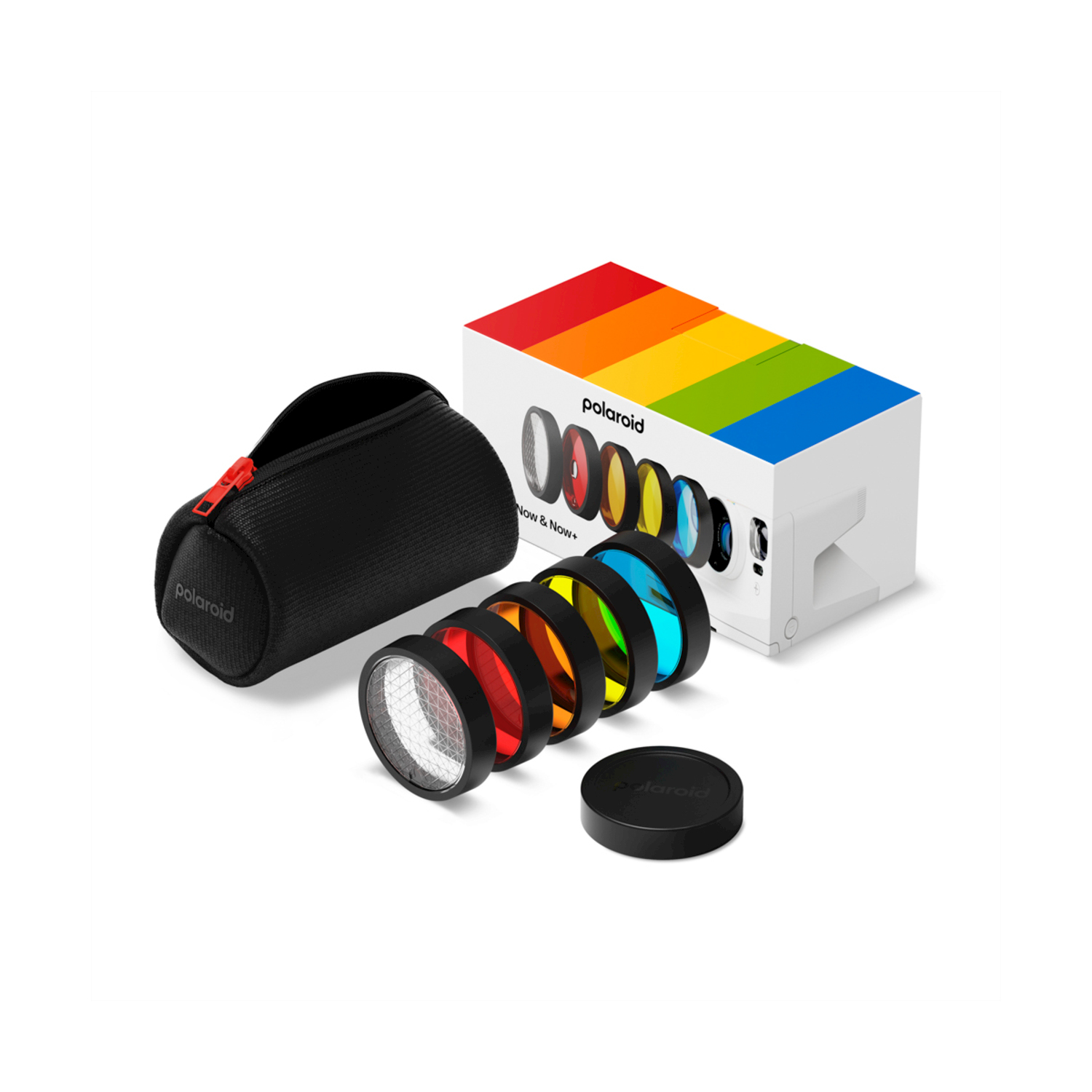 Kit filtri Polaroid. Custodia nera con cerniera rossa, scatola arcobaleno, vari filtri colorati e tappo nero. Sfondo bianco.