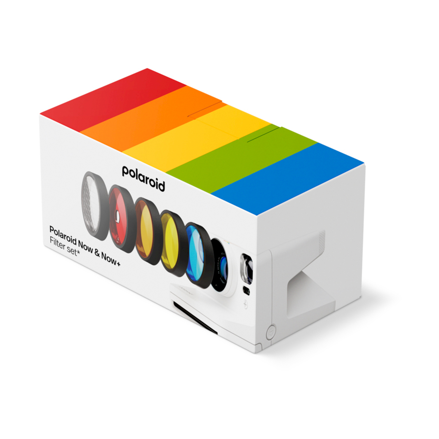 Scatola filtro Polaroid Now & Now+. Parte superiore arcobaleno. Filtri e fotocamera visibili. Sfondo bianco.