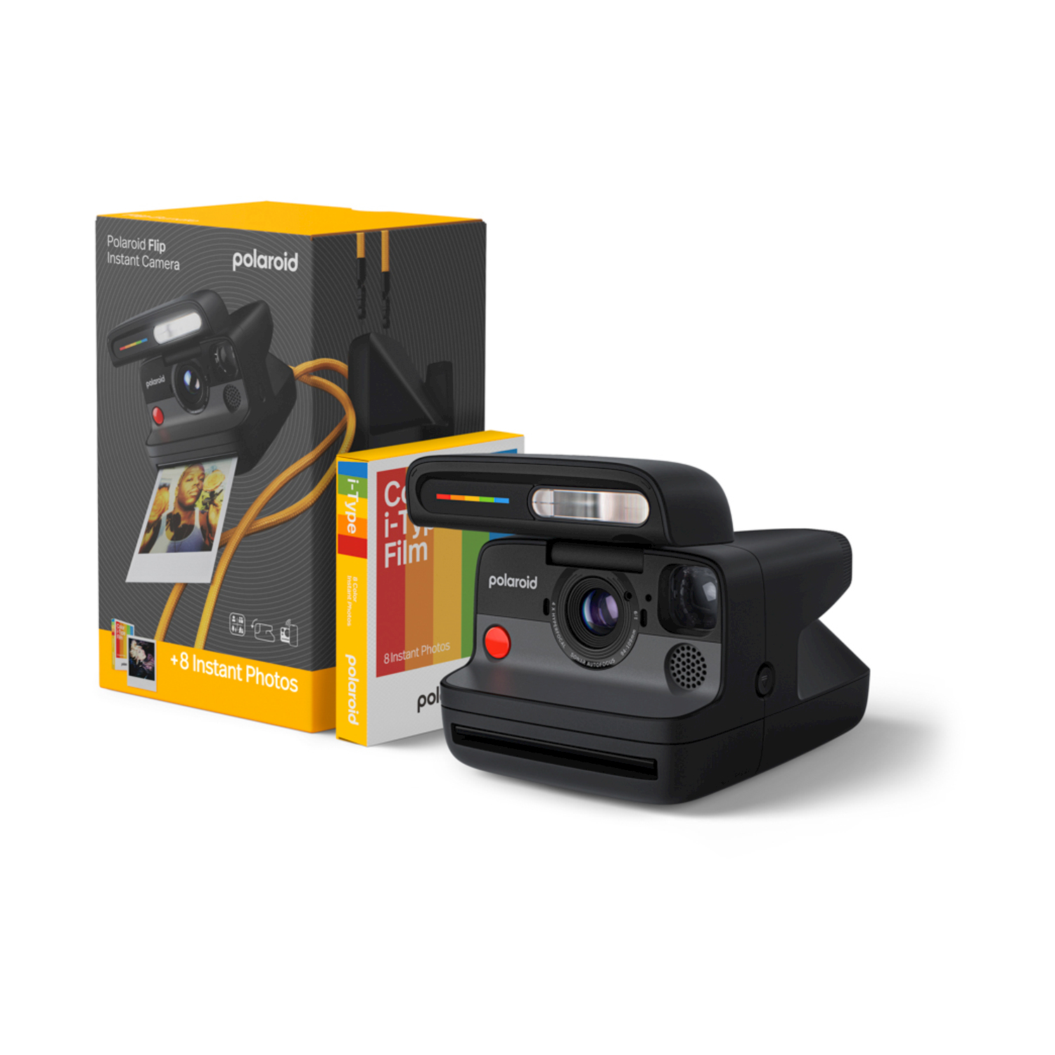 Una fotocamera istantanea Polaroid nera con una scatola di pellicola e una scatola della fotocamera su sfondo bianco. La fotocamera è a fuoco.