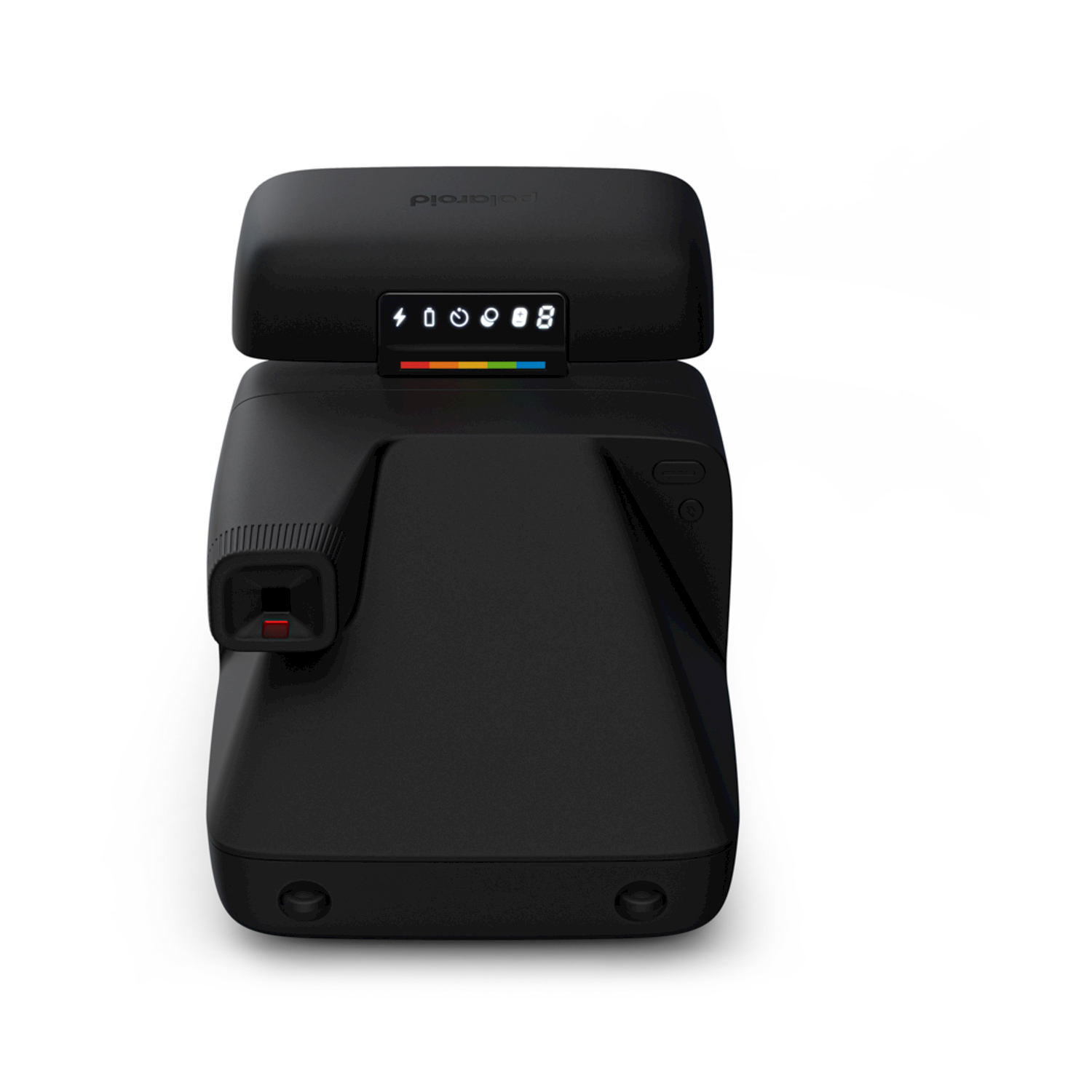 Una fotocamera istantanea Polaroid nera con un display che mostra numeri e una barra colorata, su sfondo bianco.