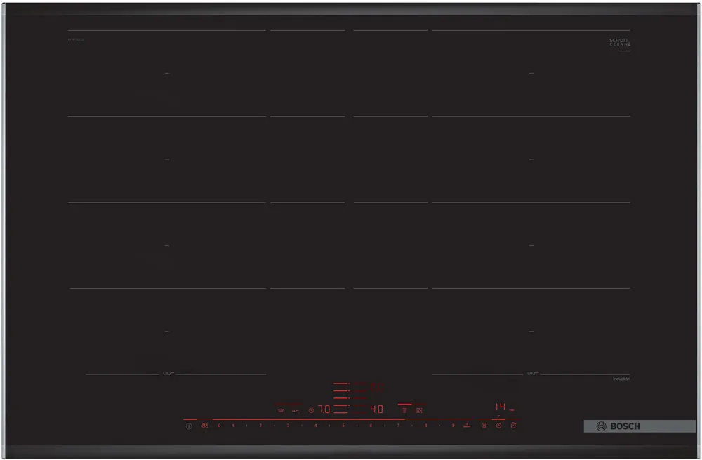 Czarna płyta indukcyjna z czerwonym wyświetlaczem cyfrowym. Płyta ma wiele stref grzewczych i logo Bosch.