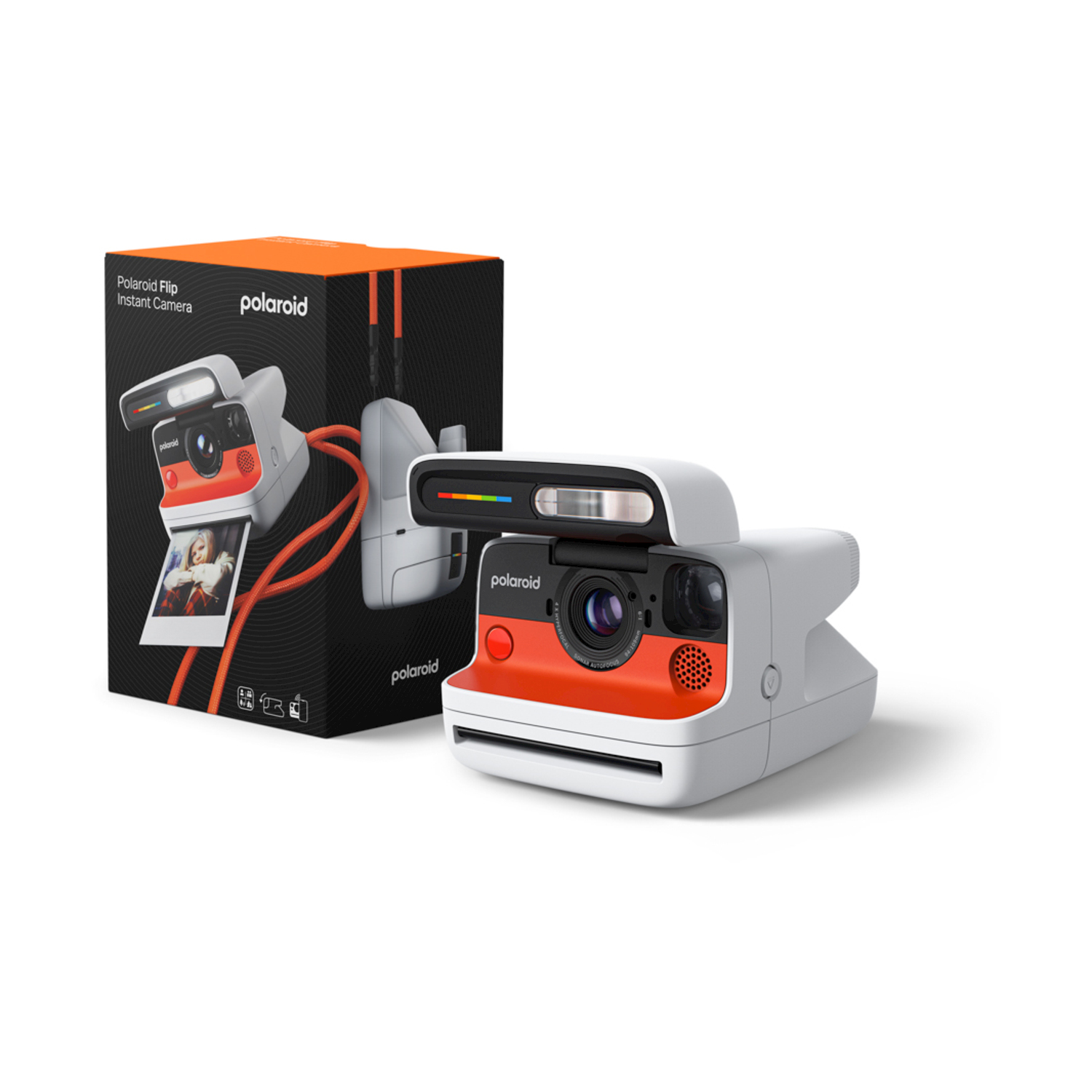 Una fotocamera istantanea Polaroid bianca e arancione accanto alla sua scatola. La scatola è nera con un'immagine della fotocamera e il logo Polaroid.