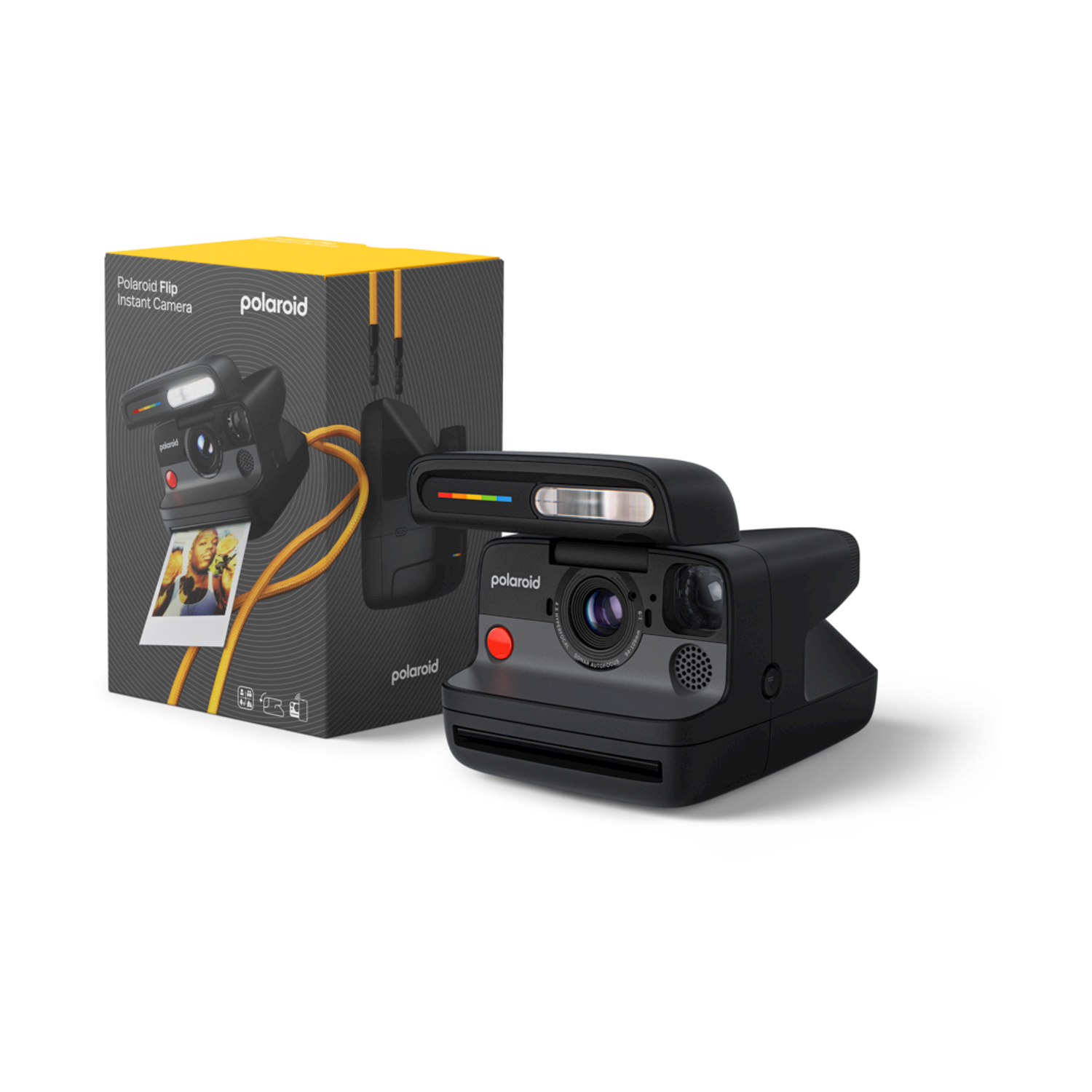 Una fotocamera Polaroid nera e la sua scatola. La fotocamera ha un pulsante rosso e un flash. La scatola mostra un'immagine della fotocamera.