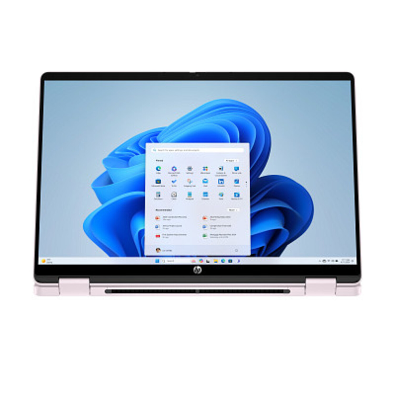 A pink HP laptop is open, displaying a Windows 11 interface with a blue swirl background and an app menu.