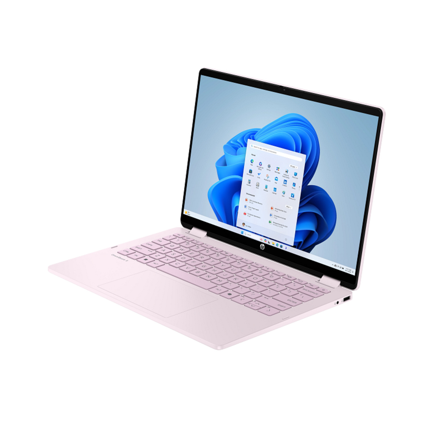 A pink HP laptop is open, angled. The screen displays the Windows 11 interface. The keyboard and frame are also pink, set against a white backdrop.