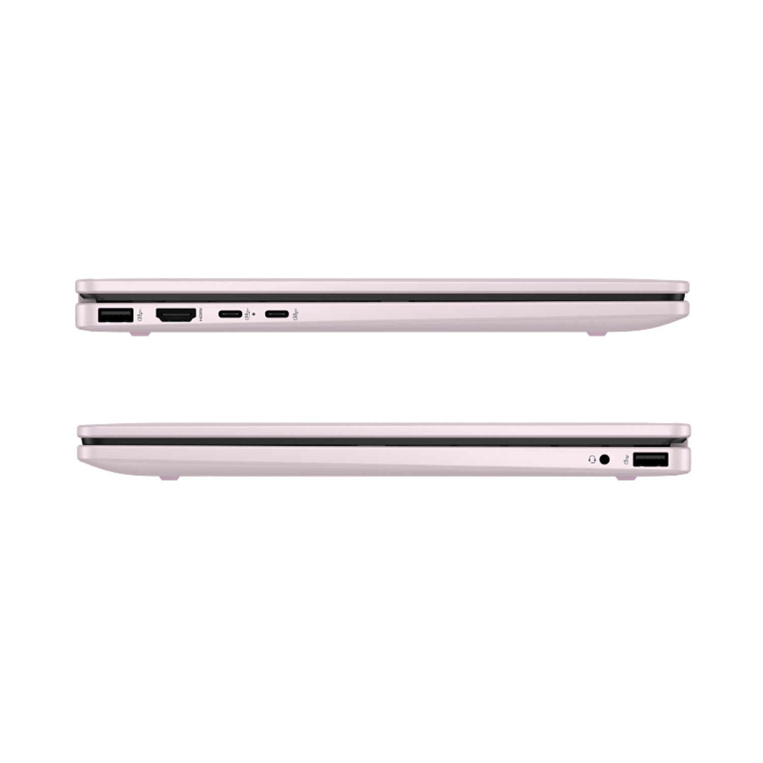 Two light pink laptops, side view. Ports visible: USB, HDMI, USB-C, audio jack, and charging port. White background.
