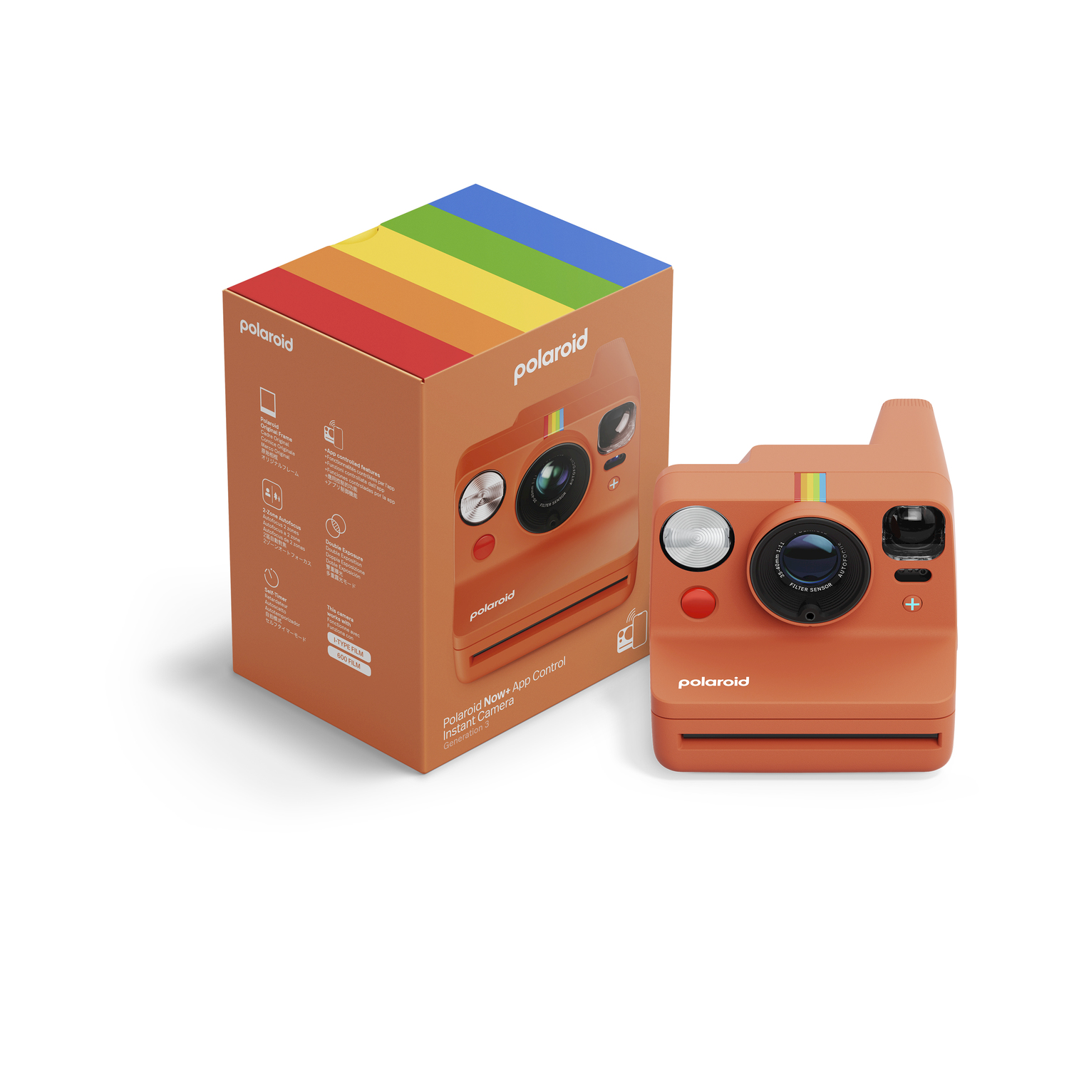 Una fotocamera e una scatola Polaroid arancioni. La scatola è arancione con una striscia arcobaleno. La fotocamera è arancione con una striscia arcobaleno e l'obiettivo.