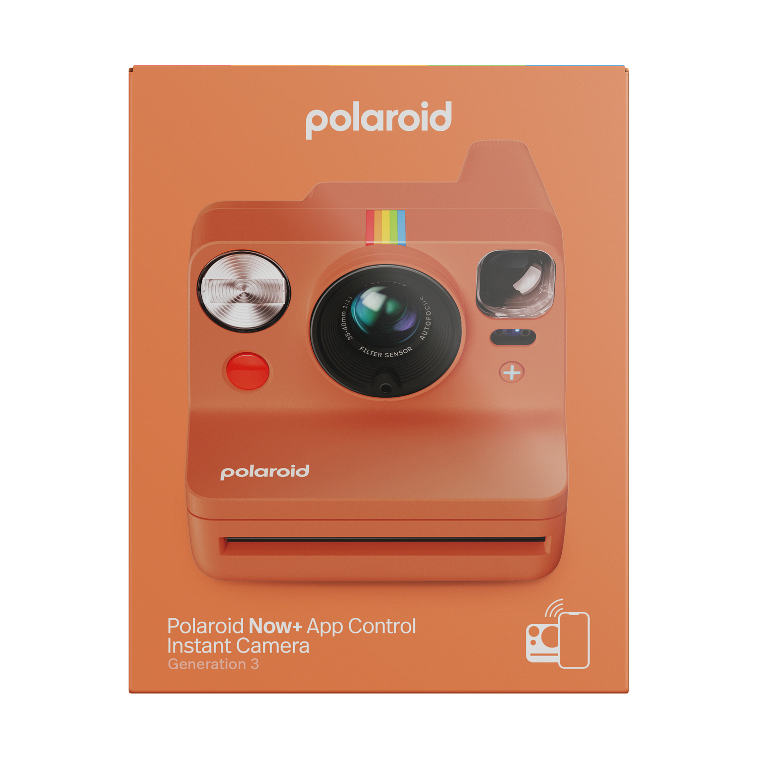 Fotocamera Polaroid arancione in una scatola. La fotocamera ha un obiettivo grande, una striscia arcobaleno e il logo Polaroid. Il testo sottostante recita: Polaroid Now+.