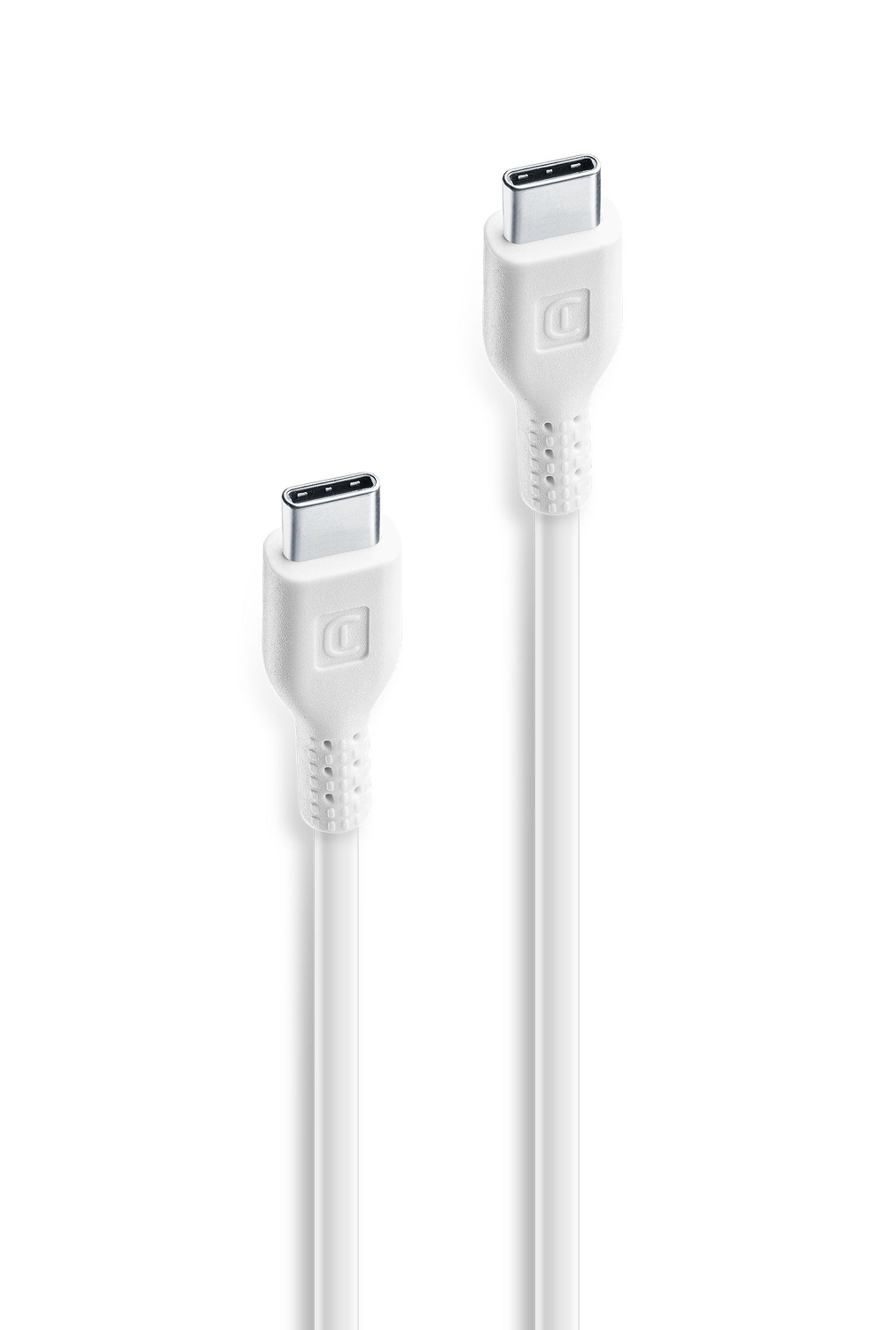 Dos cables USB-C blancos sobre un fondo blanco. Cada cable tiene un conector plateado. Los cables están angulados hacia la derecha.