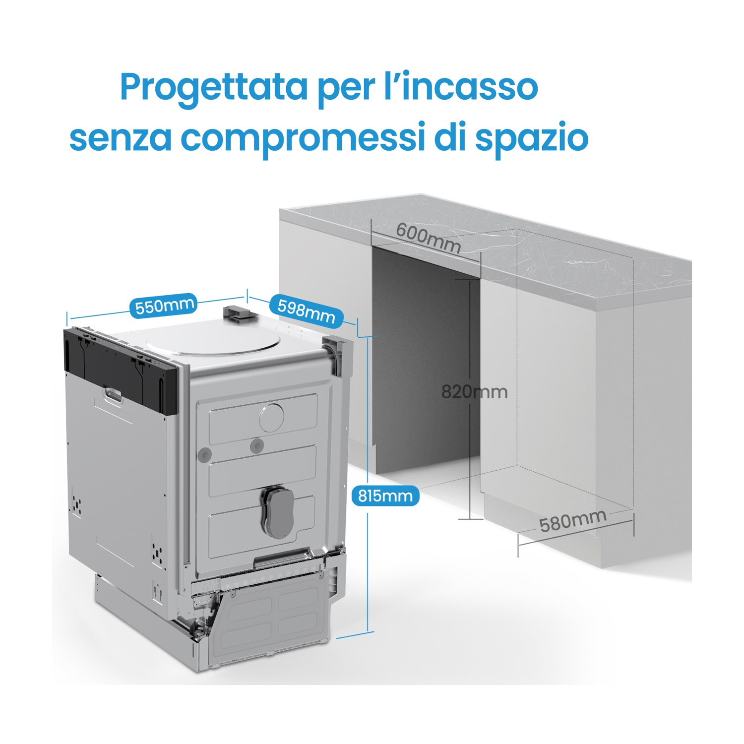 Una lavastoviglie metallica è mostrata accanto a un bancone. Le dimensioni sono visualizzate. Il testo in alto recita: 'Progettato per l'incasso senza compromessi di spazio'.