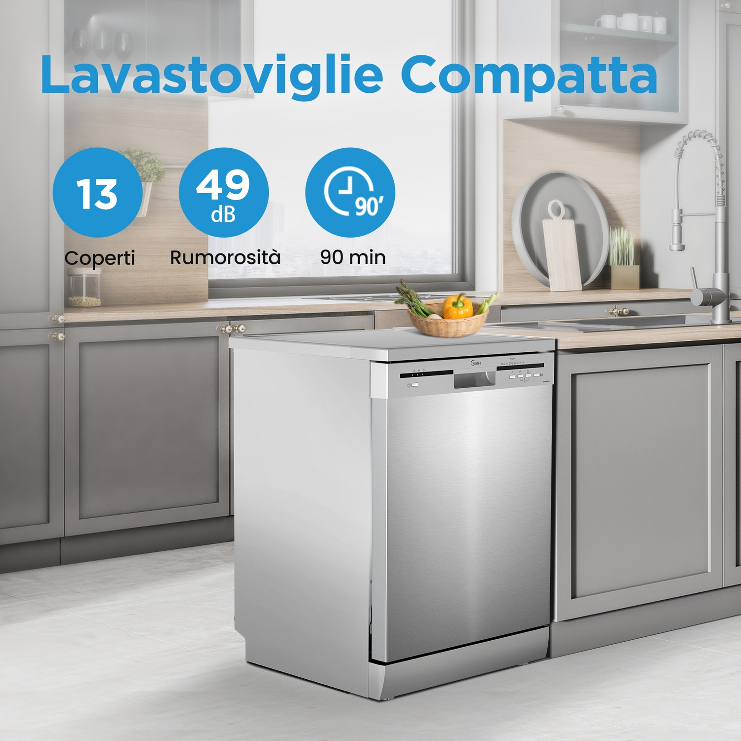 Una lavastoviglie compatta in cucina. Le infografiche indicano 13 coperti, 49 dB di rumore e un ciclo di 90 minuti.