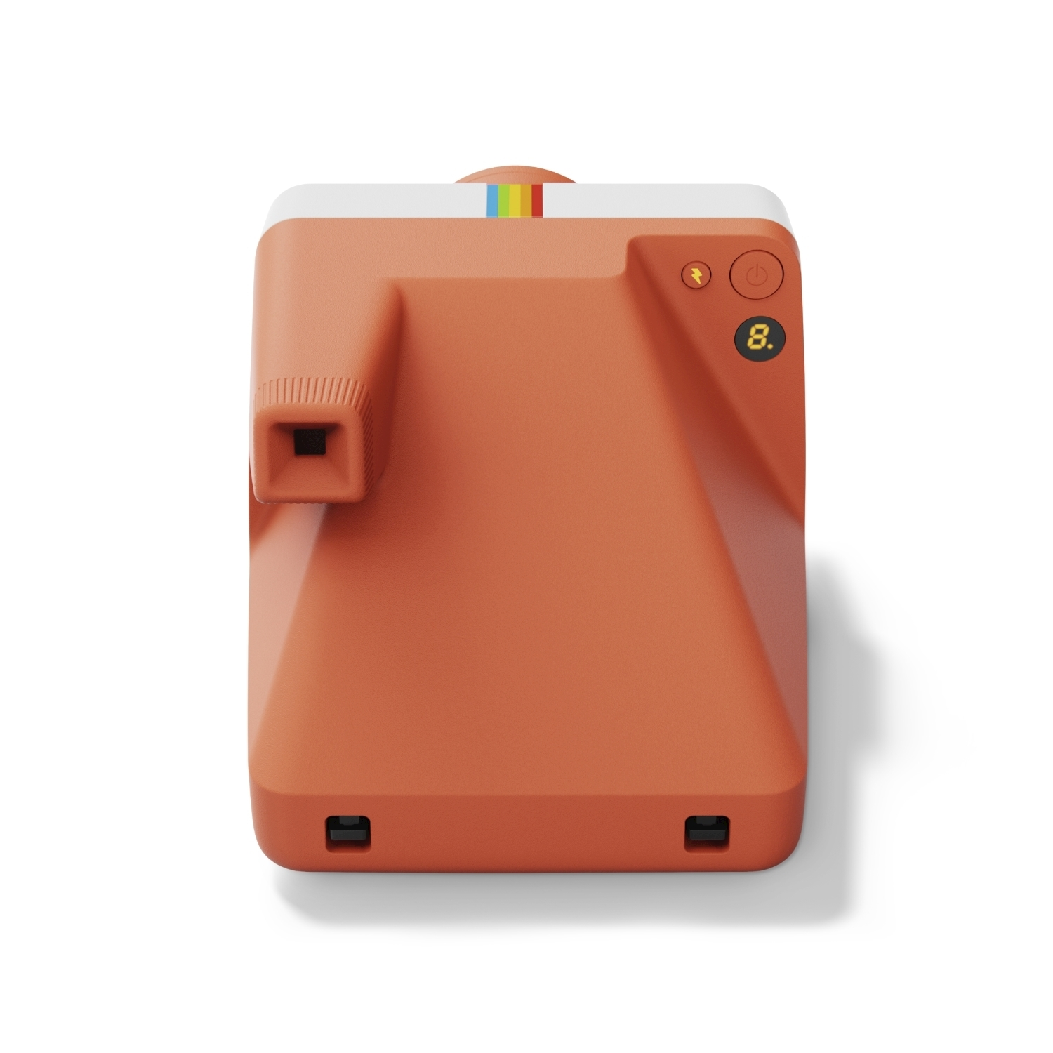 Una fotocamera Polaroid arancione e bianca. Ha una striscia arcobaleno e un display digitale con '8.' su sfondo bianco.