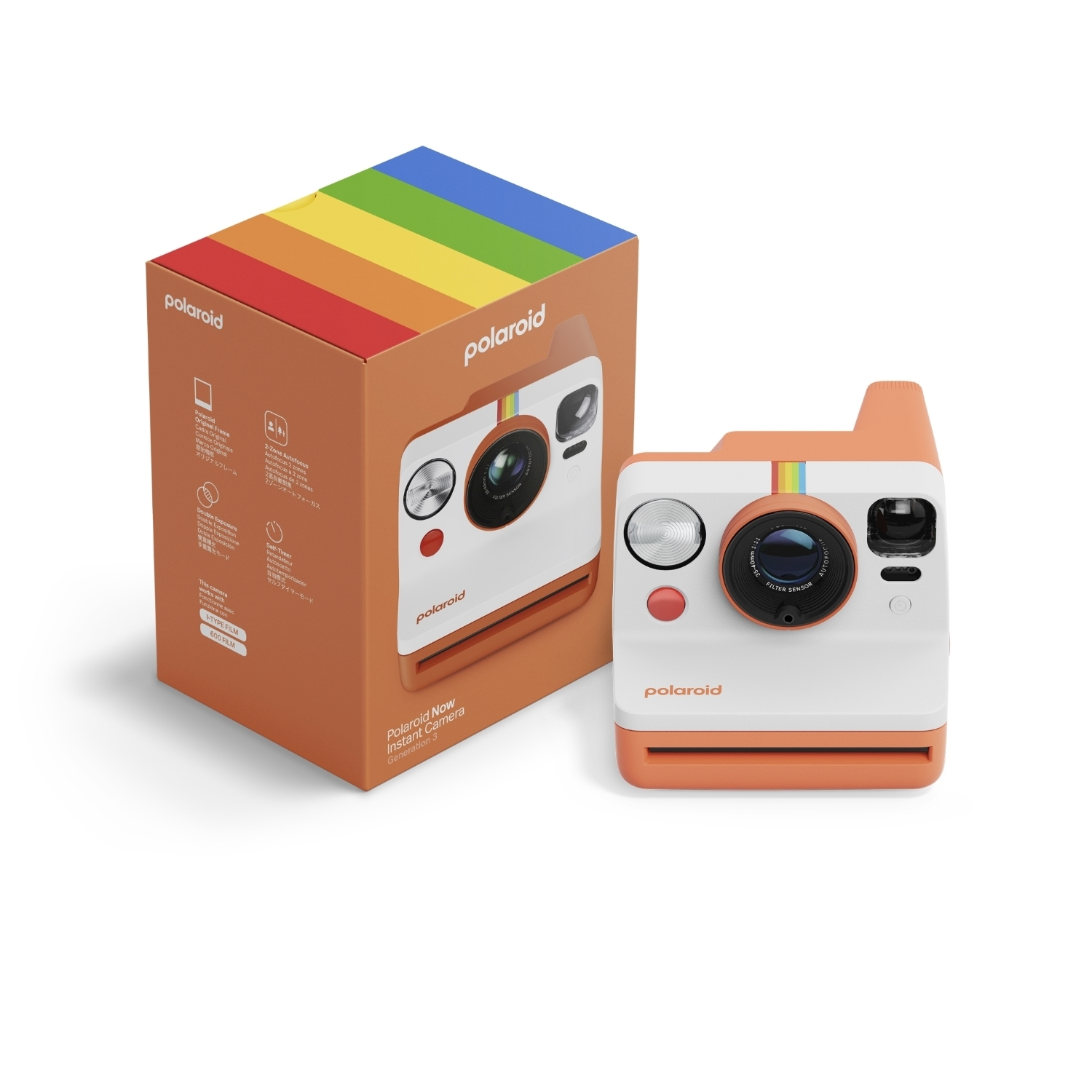 Una fotocamera Polaroid e la sua scatola. La fotocamera è arancione e bianca, con una striscia arcobaleno. La scatola ha un top arcobaleno.