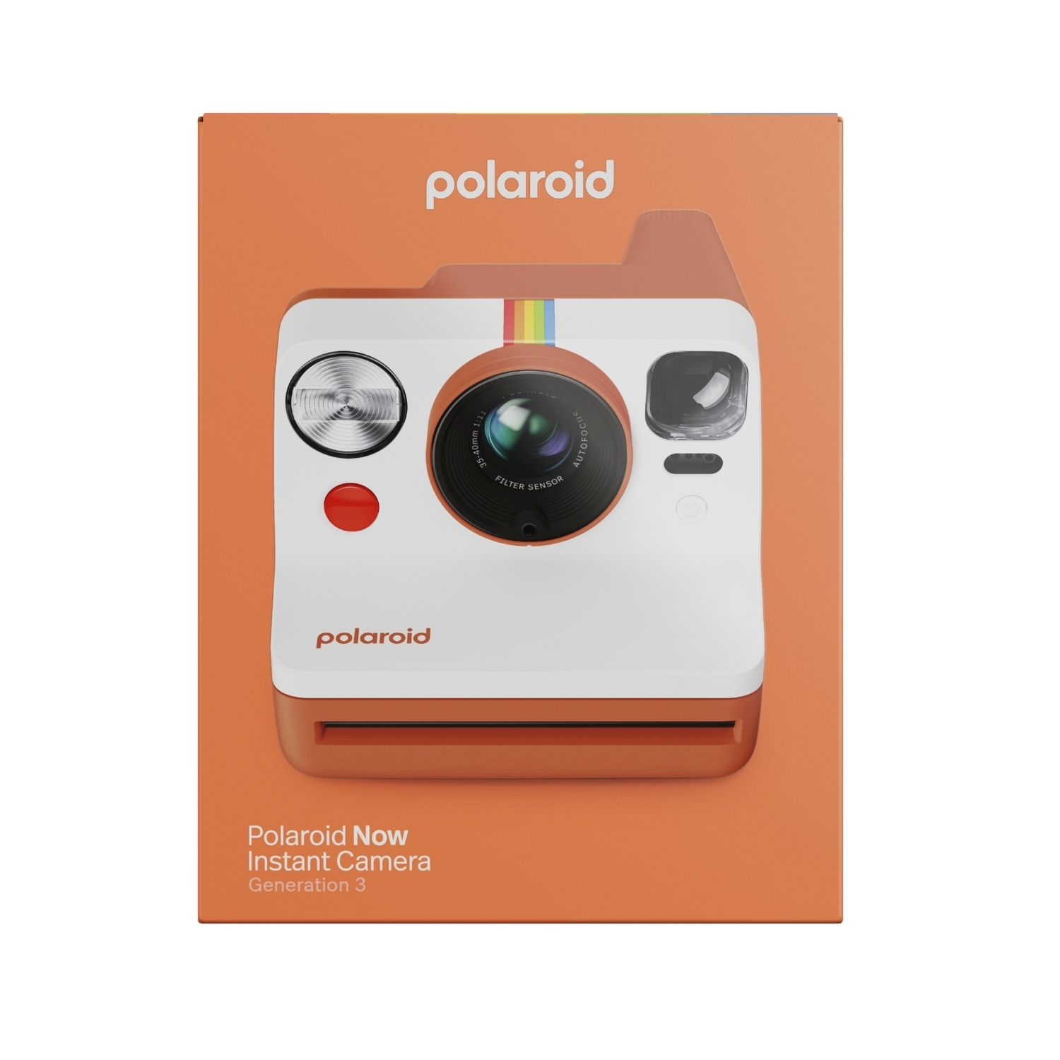 Una fotocamera istantanea Polaroid Now bianca e arancione nella sua scatola. La scatola è arancione con il logo Polaroid. La fotocamera ha una striscia arcobaleno.