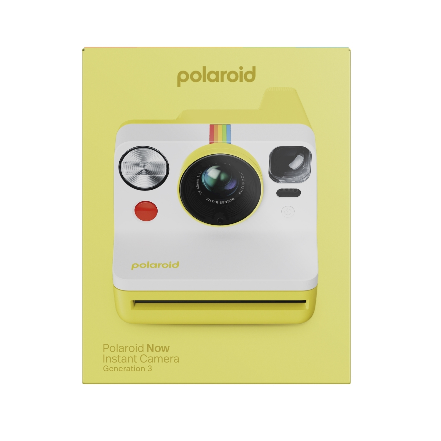 Fotocamera istantanea Polaroid Now in scatola gialla. La fotocamera è bianca e gialla con una striscia arcobaleno. Testo: 'Polaroid Now'.
