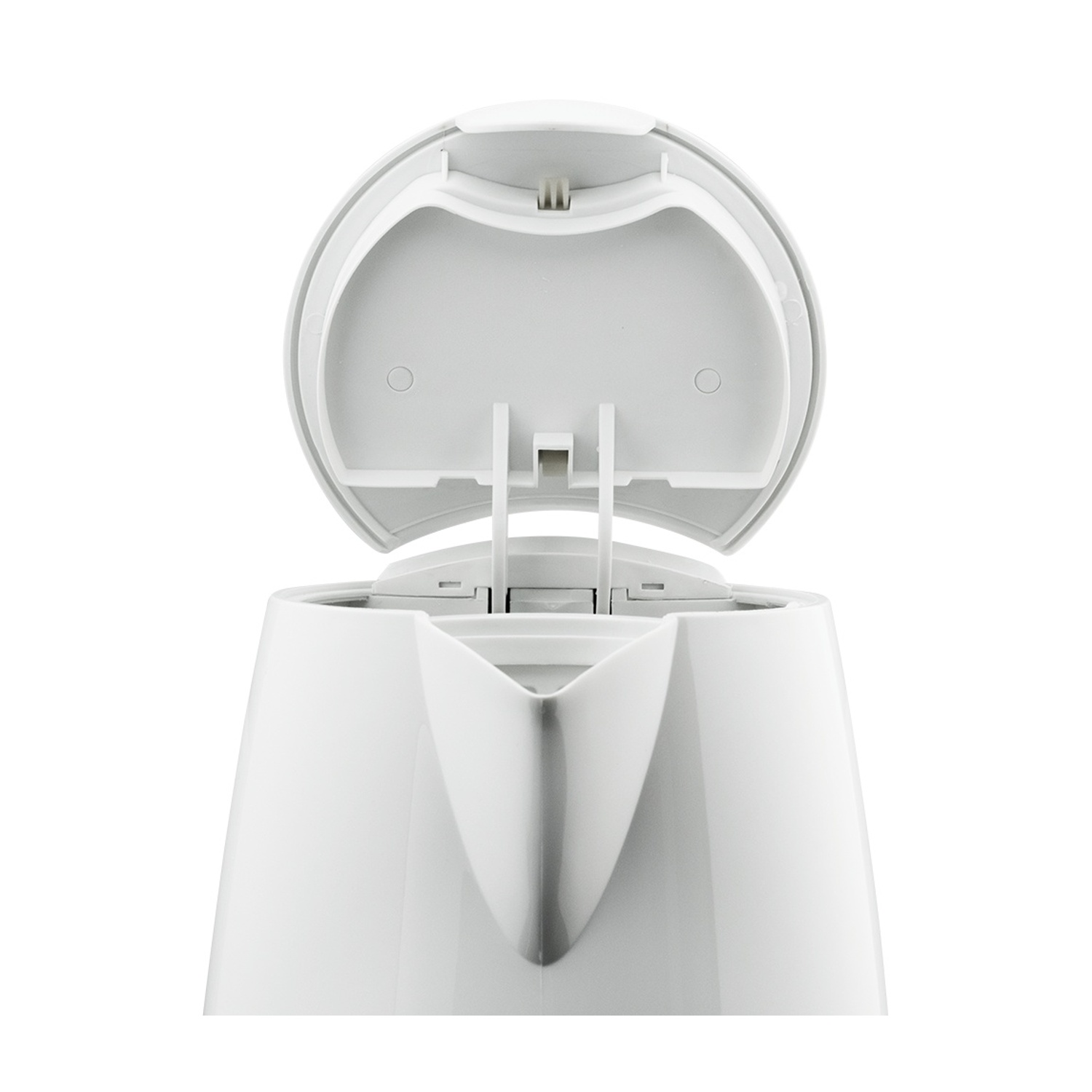Un bollitore elettrico bianco con coperchio aperto. Il beccuccio è visibile. Lo sfondo è bianco.