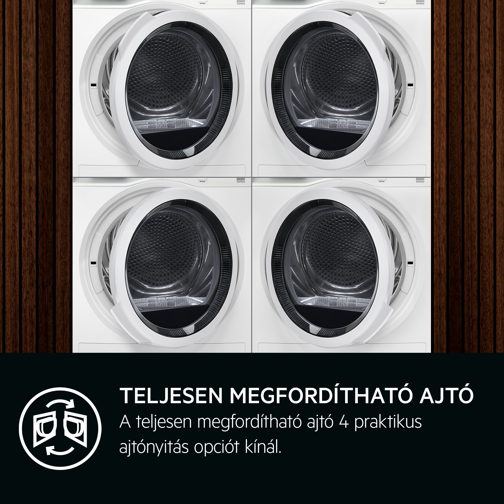 Négy fehér mosógép nyitott ajtókkal, fa háttérrel. A szöveg: 'Teljesen megfordítható ajtó'.