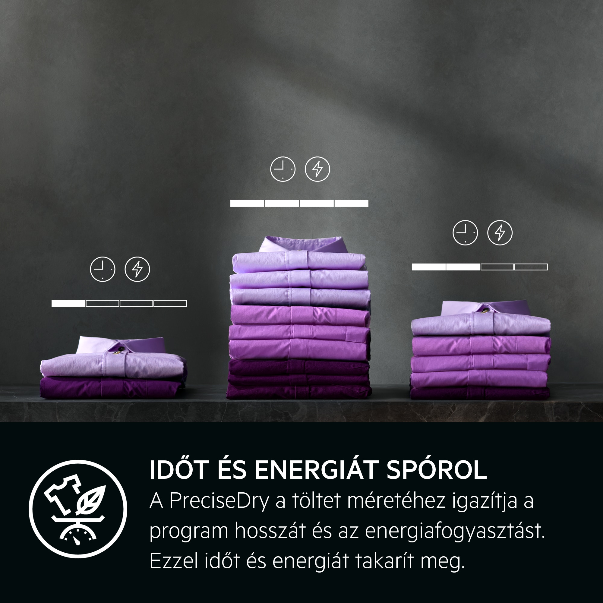 Lila árnyalatú ingek. Idő és energia ikonok. A szöveg: Időt és energiát spórol.