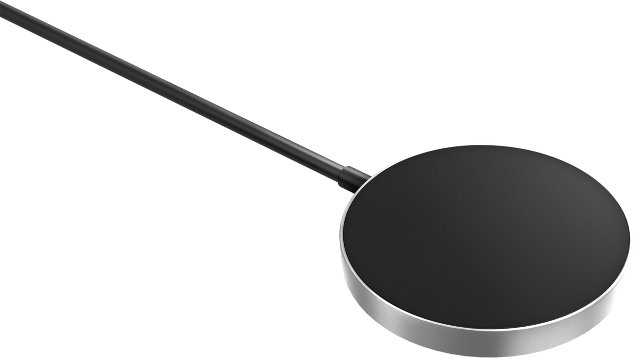 Un caricabatterie wireless nero con bordo argentato e un braccio nero che si estende verso l'alto a sinistra. Lo sfondo è nero.
