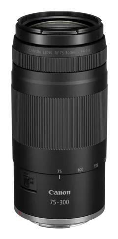Ein schwarzes Canon RF 75-300mm Objektiv wird angezeigt. Das Objektiv hat einen geriffelten Körper mit Canon-Marken und Brennweitenmarkierungen.