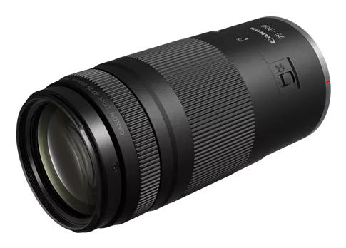 Ein schwarzes Canon 75-300mm Kameraobjektiv, diagonal ausgerichtet, mit Text und Markierungen. Das Objektiv ist zylindrisch, mit geriffelten und glatten Abschnitten.