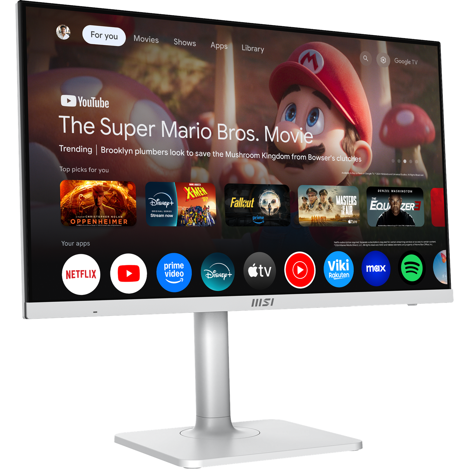 A monitor displays The Super Mario Bros. Movie. Apps like Netflix, YouTube, and Disney+ are visible. The monitor has a silver stand.