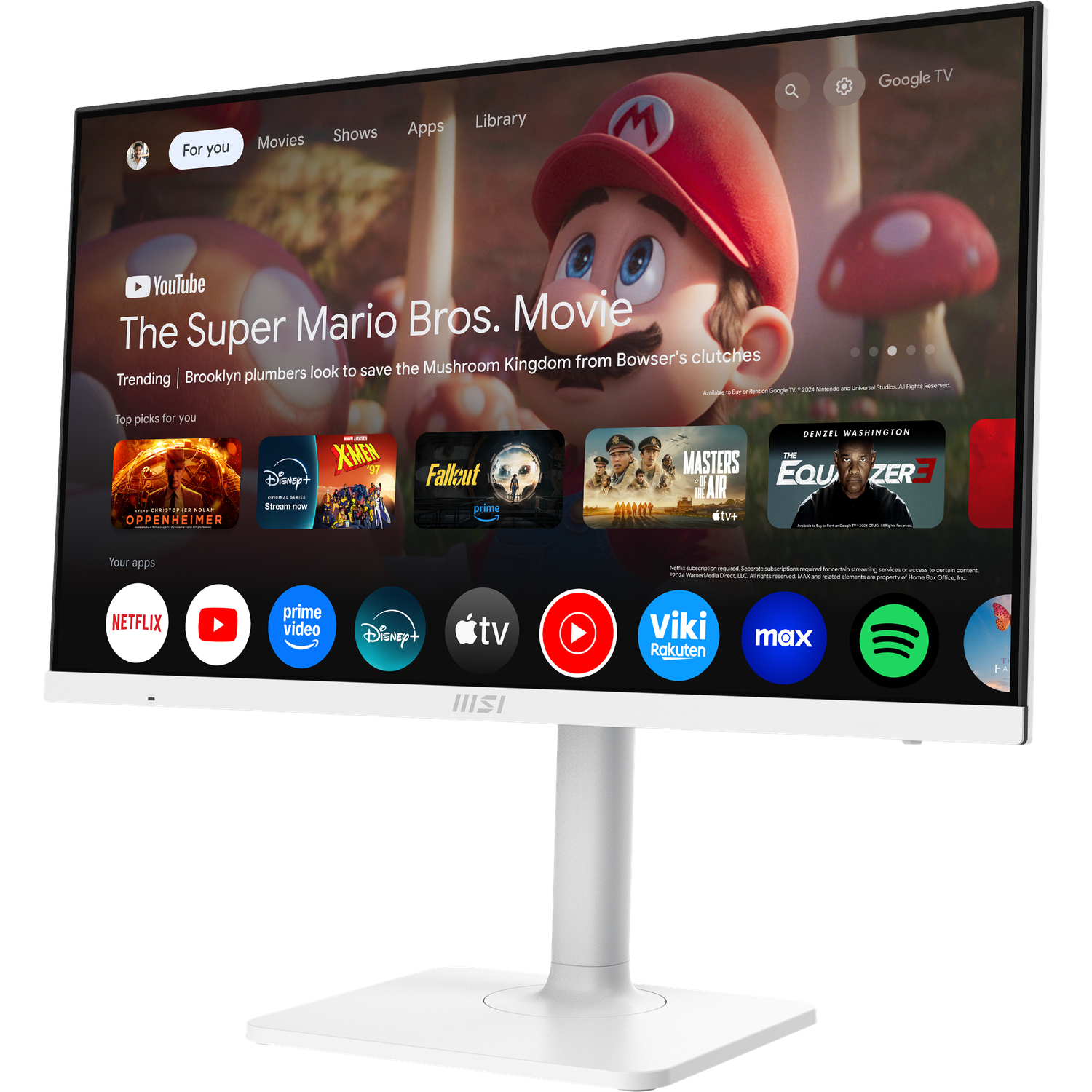 White MSI monitor displays The Super Mario Bros. Movie. Shows apps like Netflix, YouTube, Disney+. White stand and base.