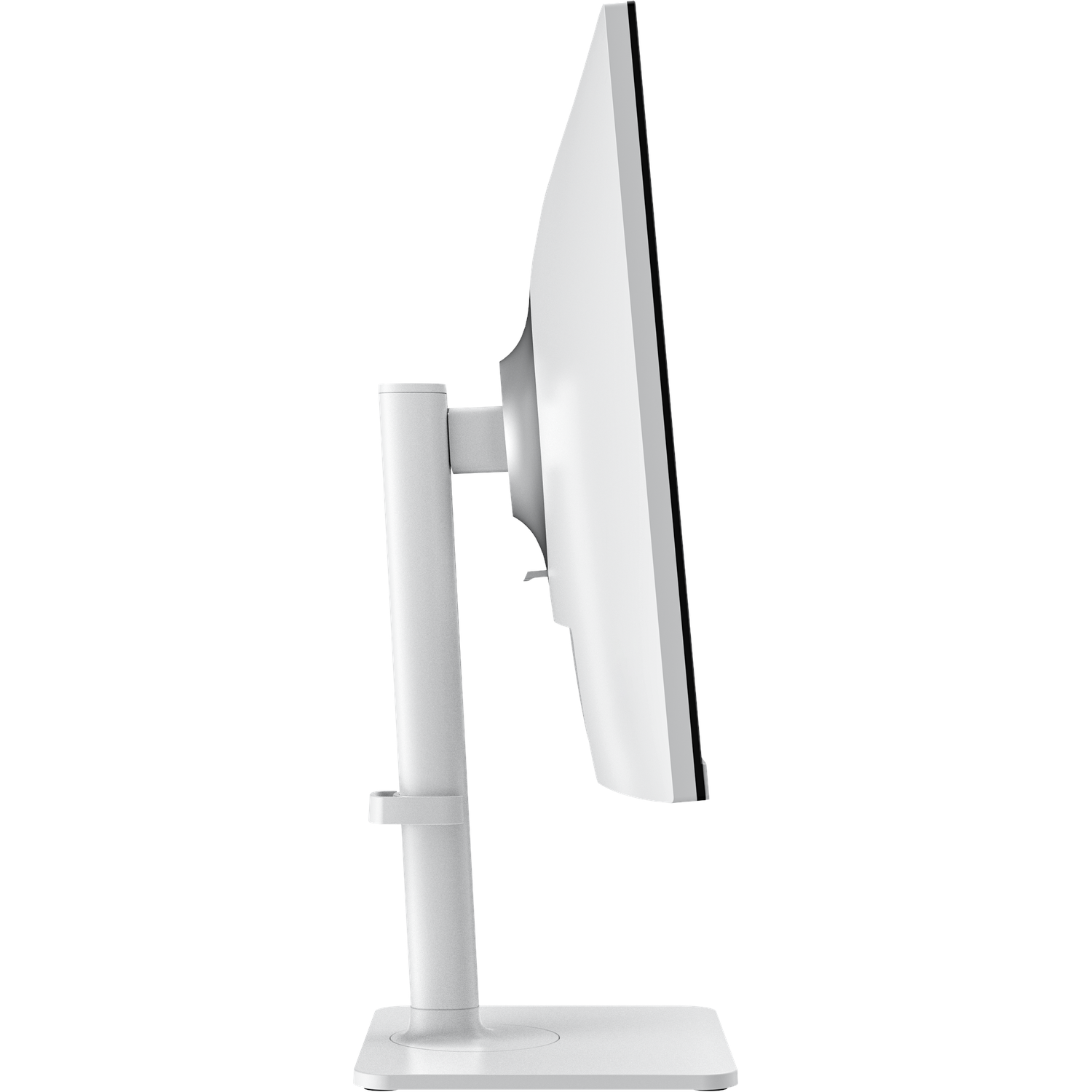 A white computer monitor in profile view. It is on a stand. The screen is black and the frame is white.