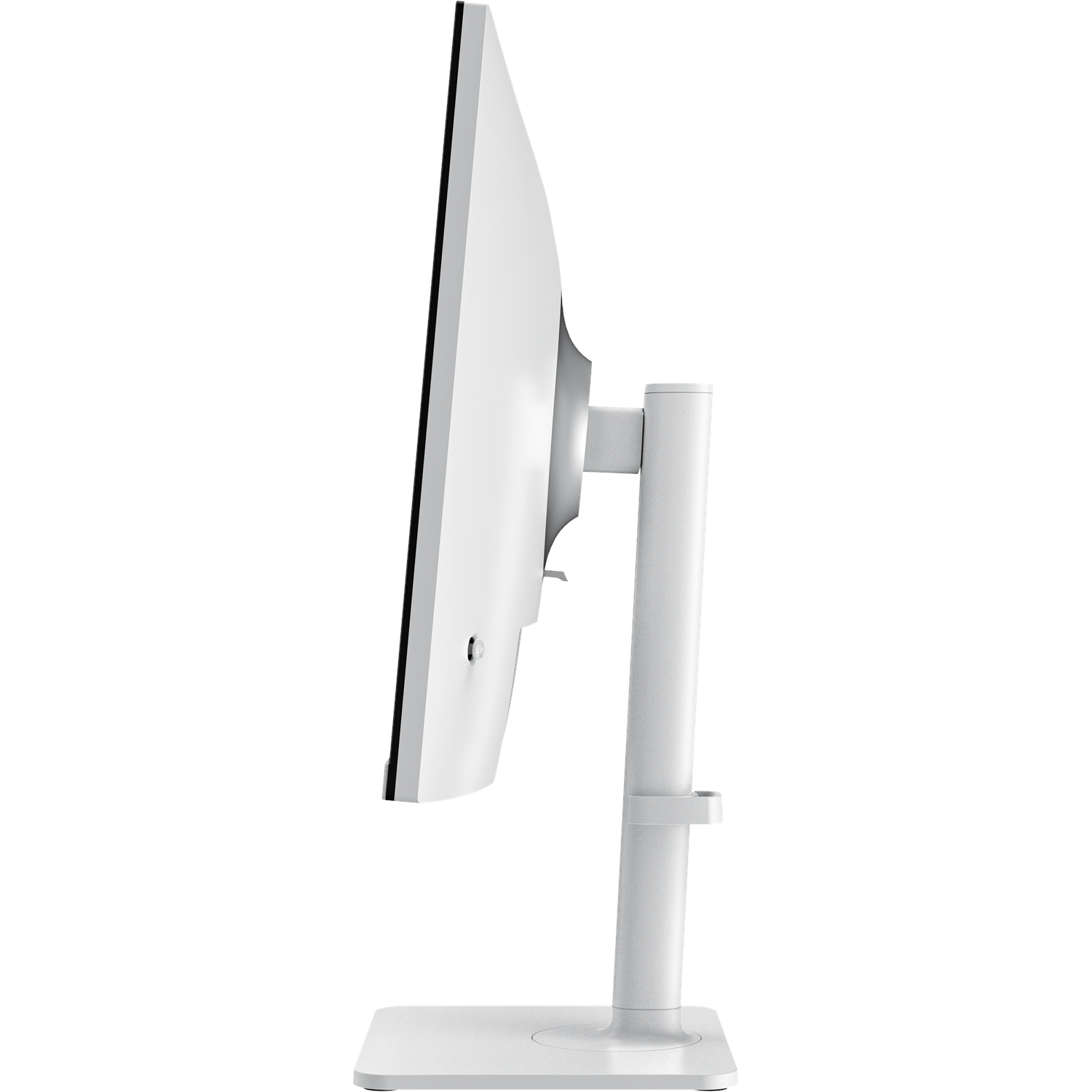 A white computer monitor on a white stand, viewed from the side. The screen is black-edged. The stand consists of a base and a vertical support.