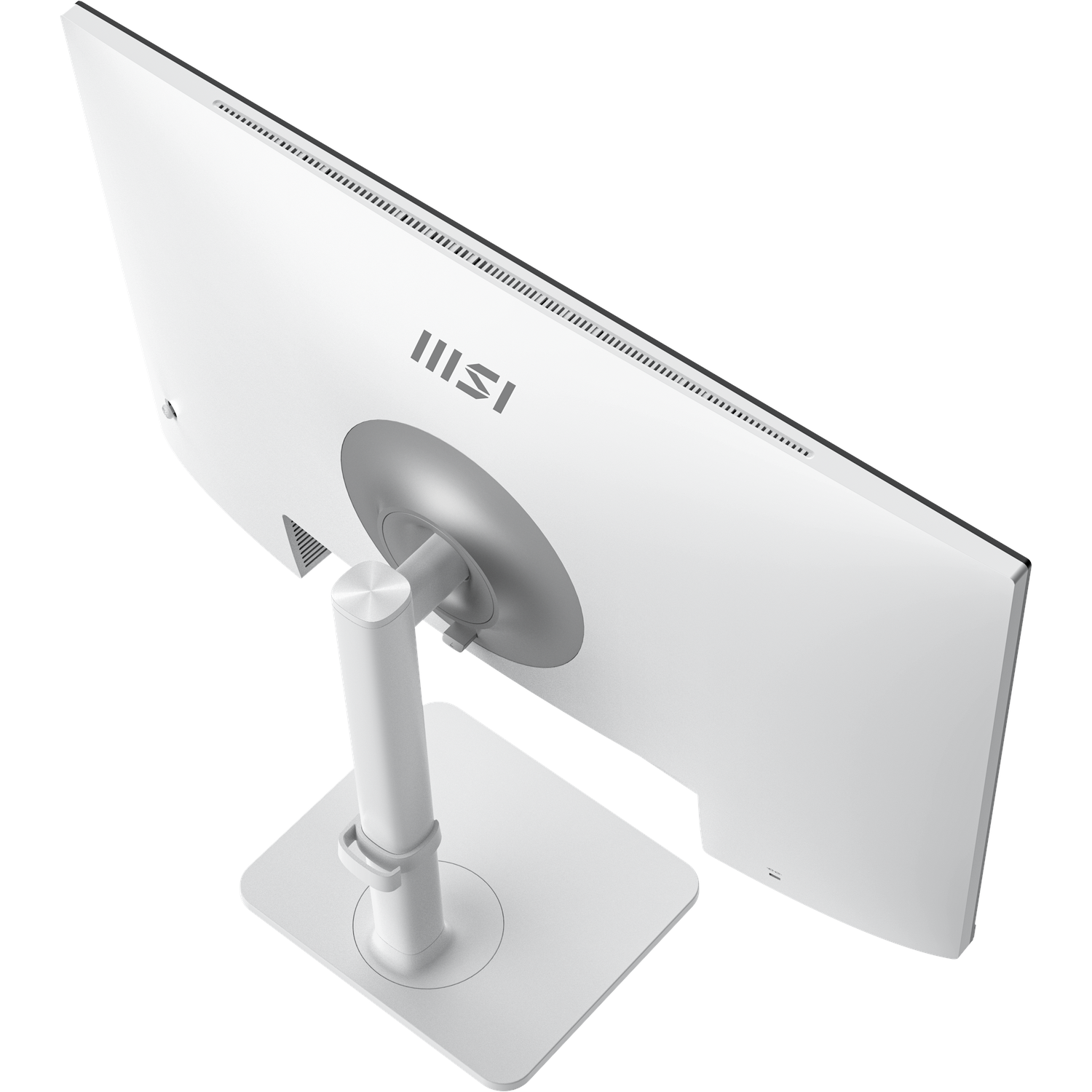 White computer monitor from the back with stand, the MSI logo is visible. The stand and back of the monitor are white.