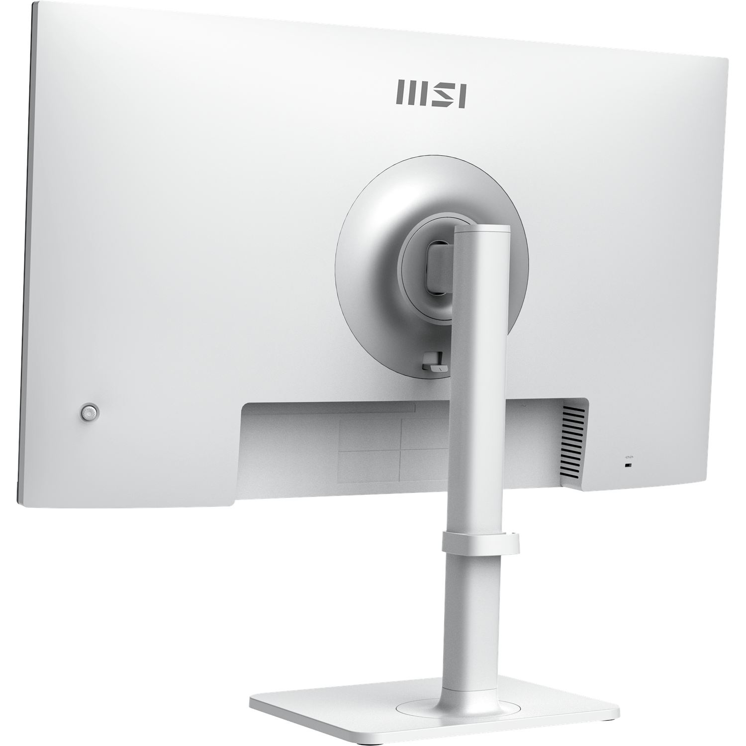 Back of a white computer monitor with stand. MSI logo is visible. Stand is white and silver.