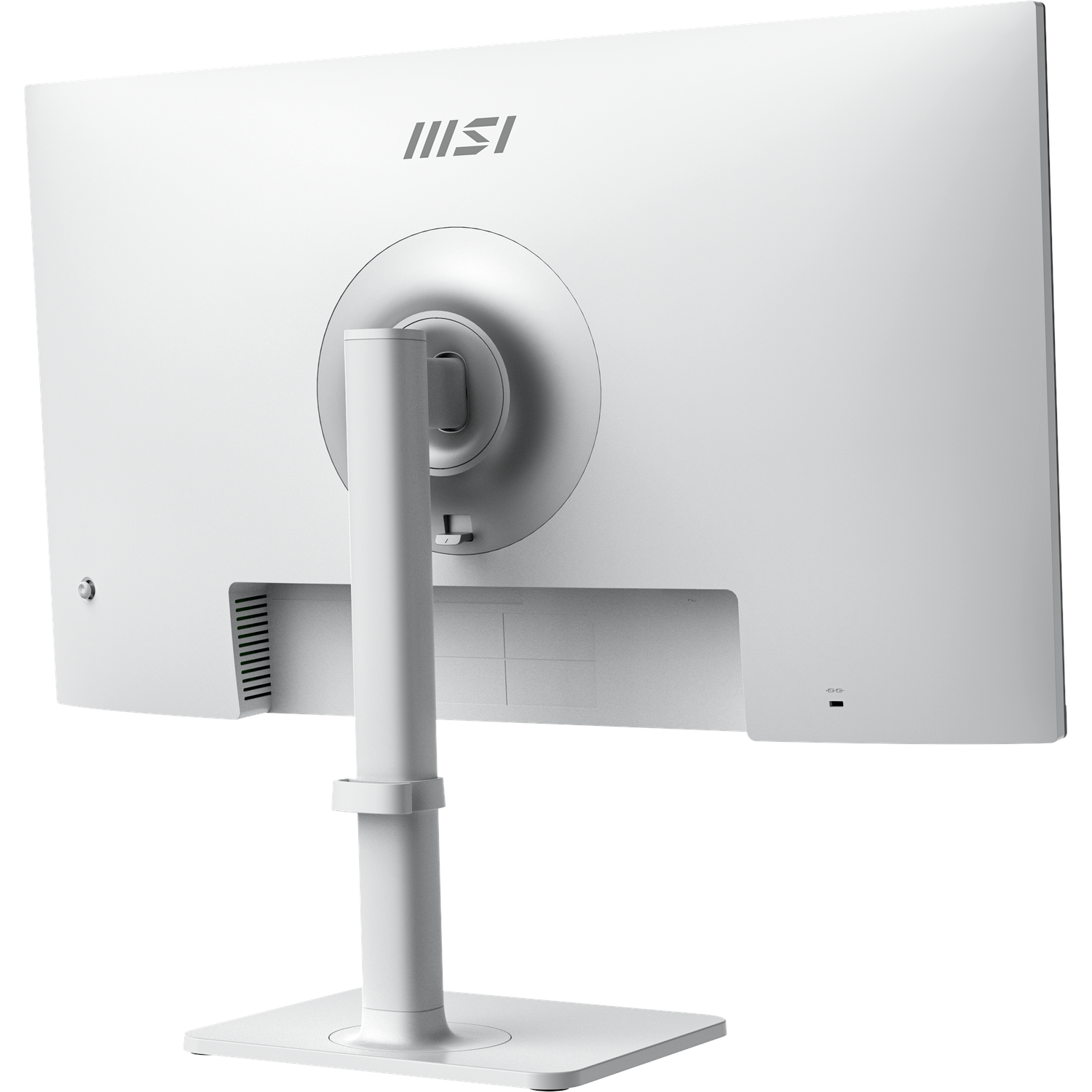 Rear view of a white MSI monitor. It has a stand and the MSI logo is visible. Ports are at the back, and the design is minimalist.