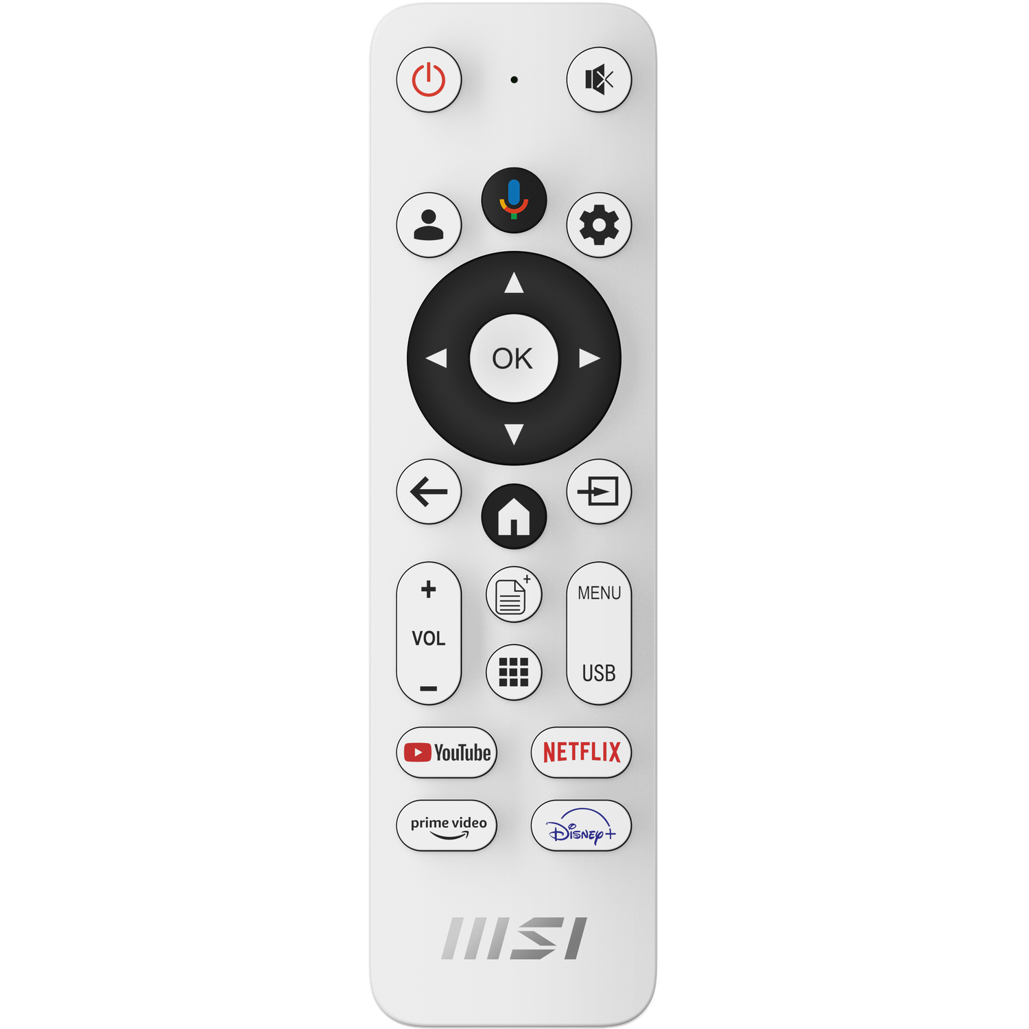 White remote control with various buttons: power, volume, navigation, and app shortcuts for YouTube, Netflix, and Disney+.