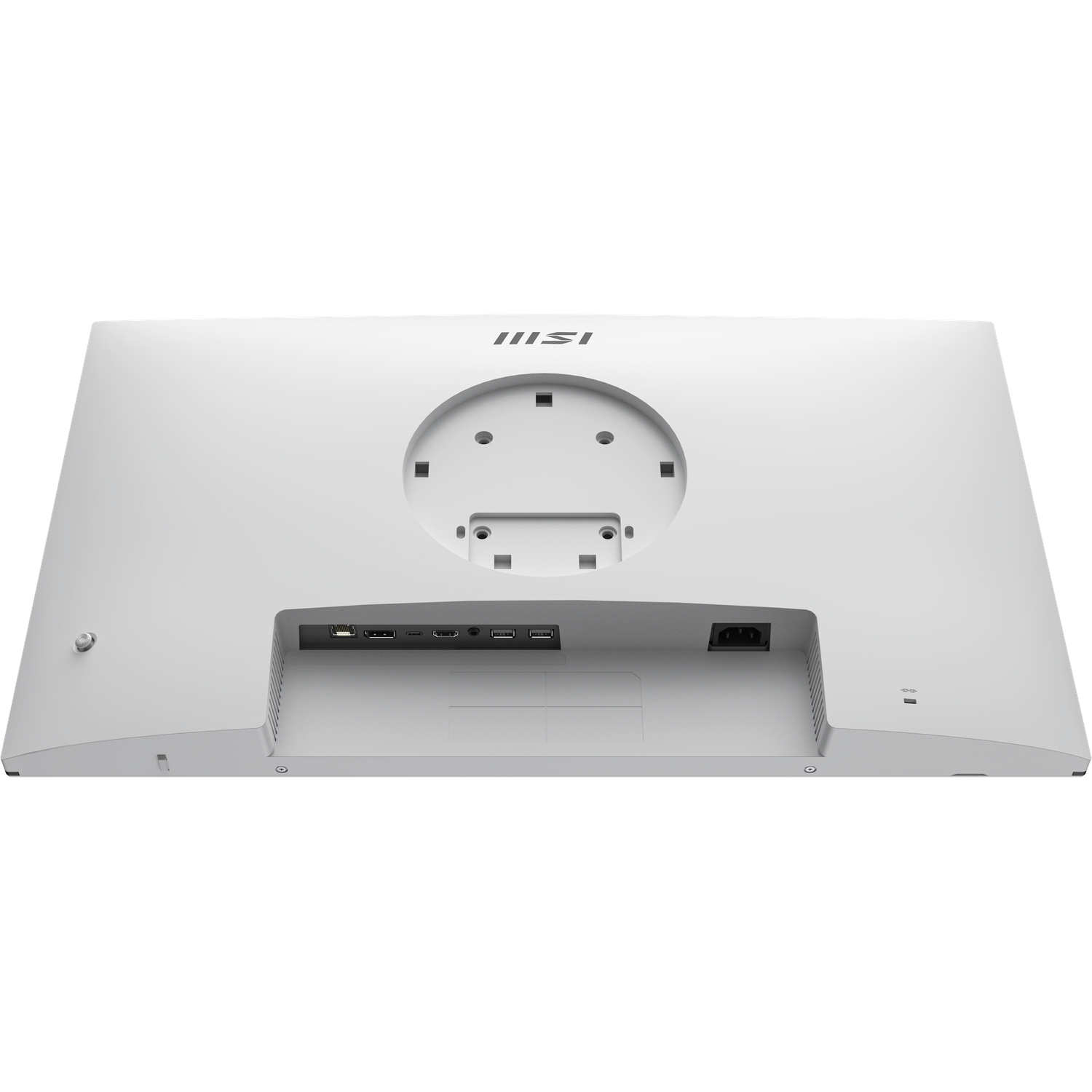 Back view of a white MSI monitor. It has a central mounting point, ports, and power connector. The MSI logo is visible.
