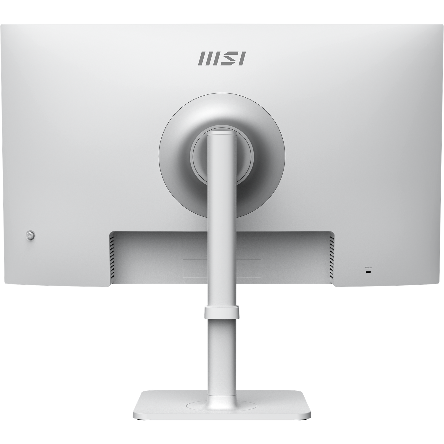 Back view of a white computer monitor with a stand. The MSI logo is visible. The monitor has a circular mount.