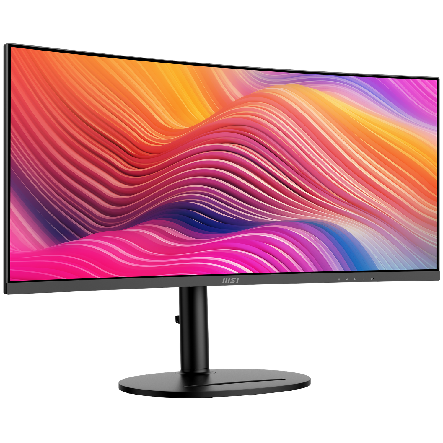 A curved computer monitor displays a colorful abstract image. The monitor is black, with a circular base and a black stand. 