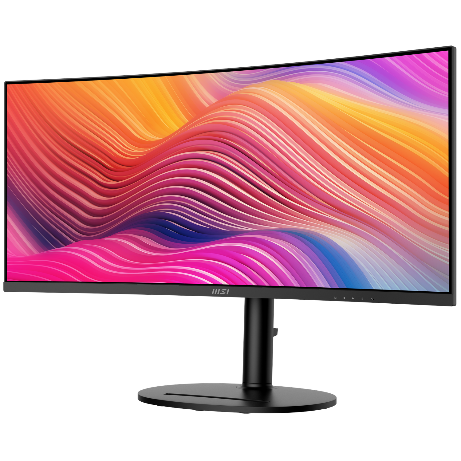 Curved MSI monitor displaying colorful abstract waves. It has a black stand and bezel, isolated on white background.
