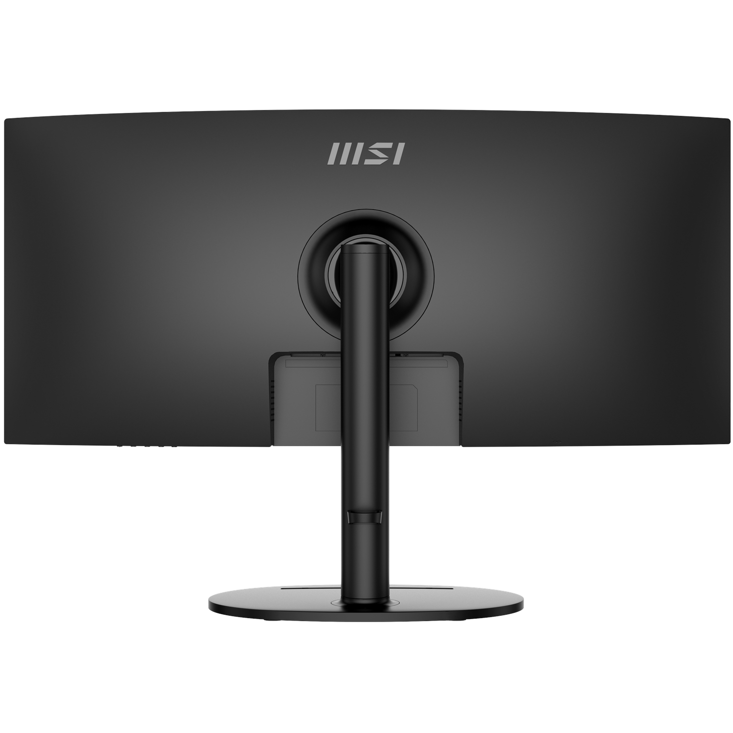 Rear view of a black MSI curved monitor. It has a stand and a circular base. The MSI logo is at the top center.