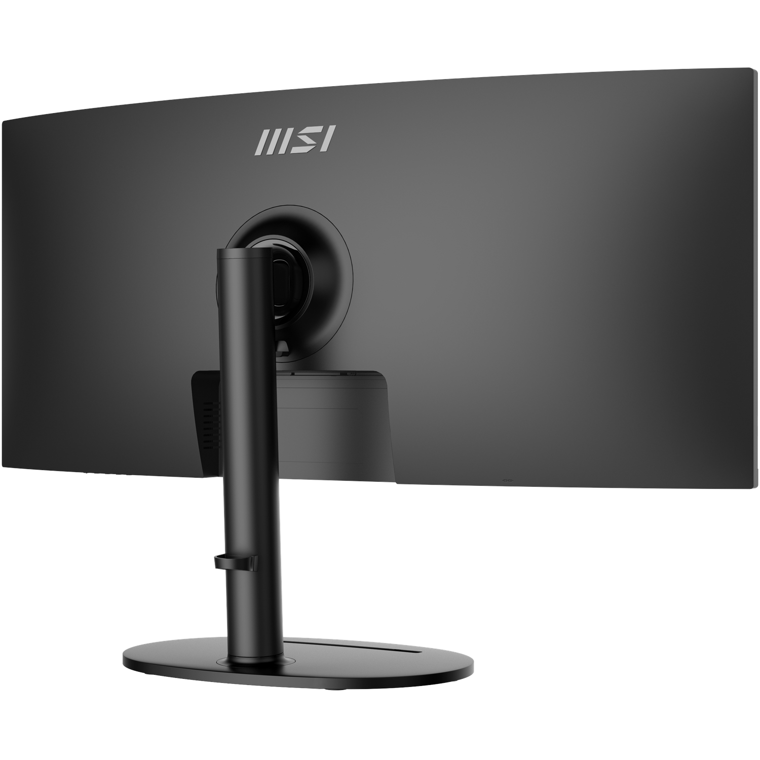 The back of a black curved monitor. It has a round base, a vertical stand, and the MSI logo. The background is white.
